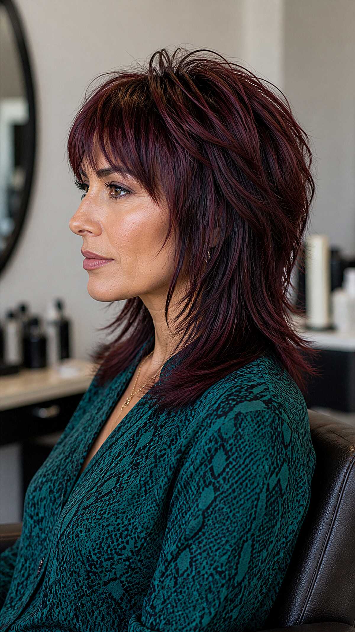 Deep plum shag wolfcut with razored choppy layers