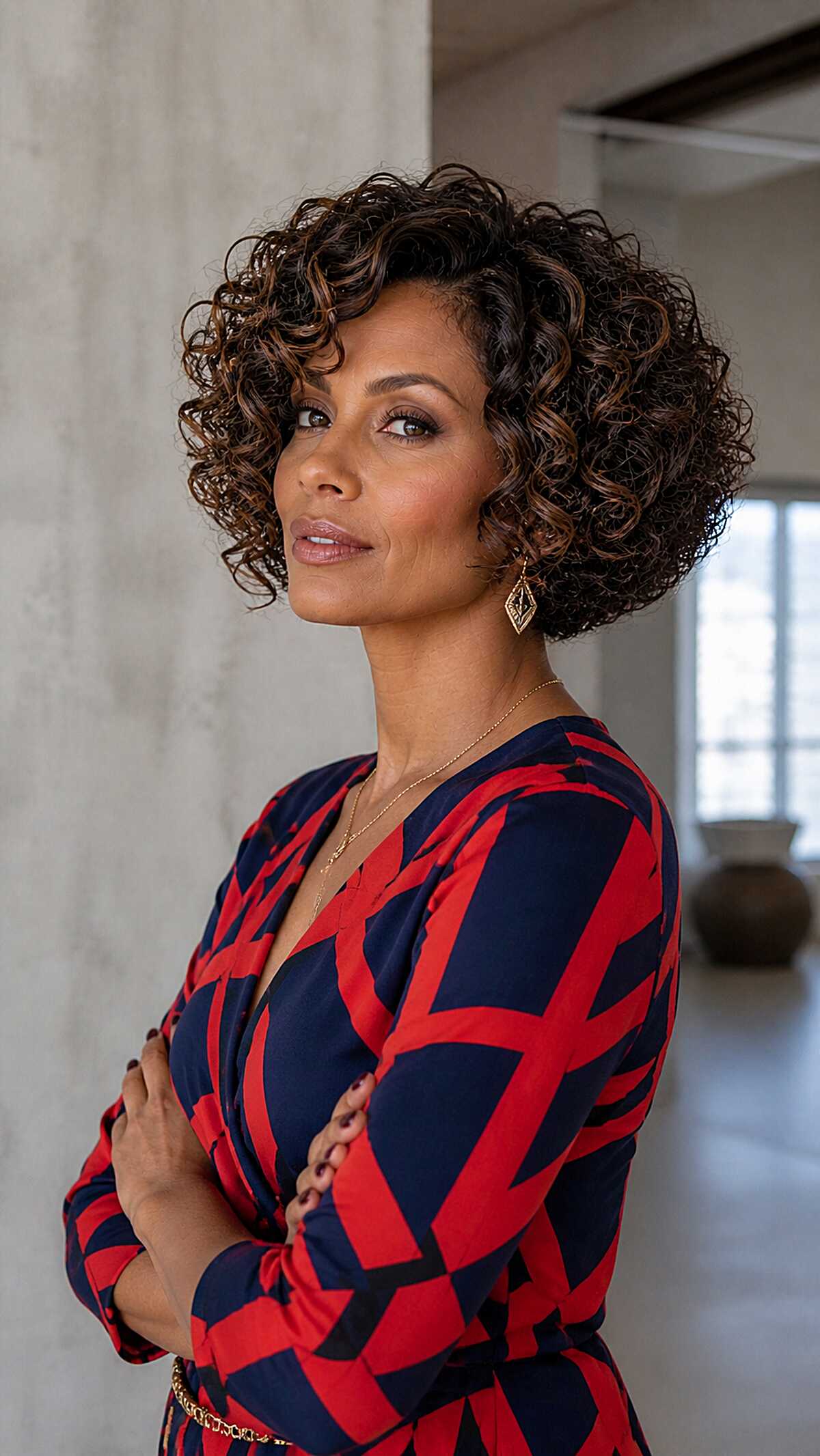 Defined curly bob with a rounded stacked shape