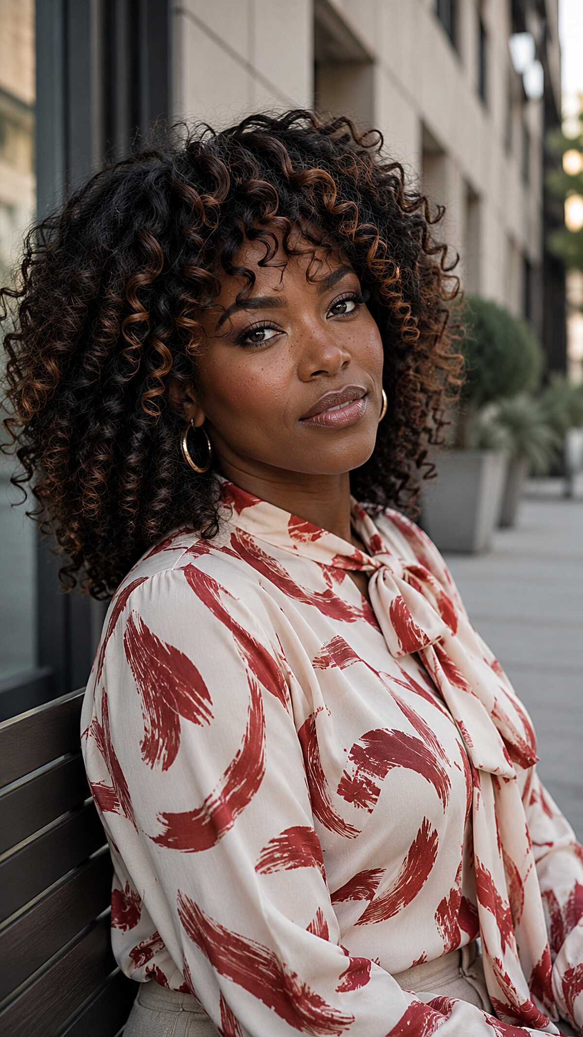 Shoulder-length spiral curl quick weave with caramel tips