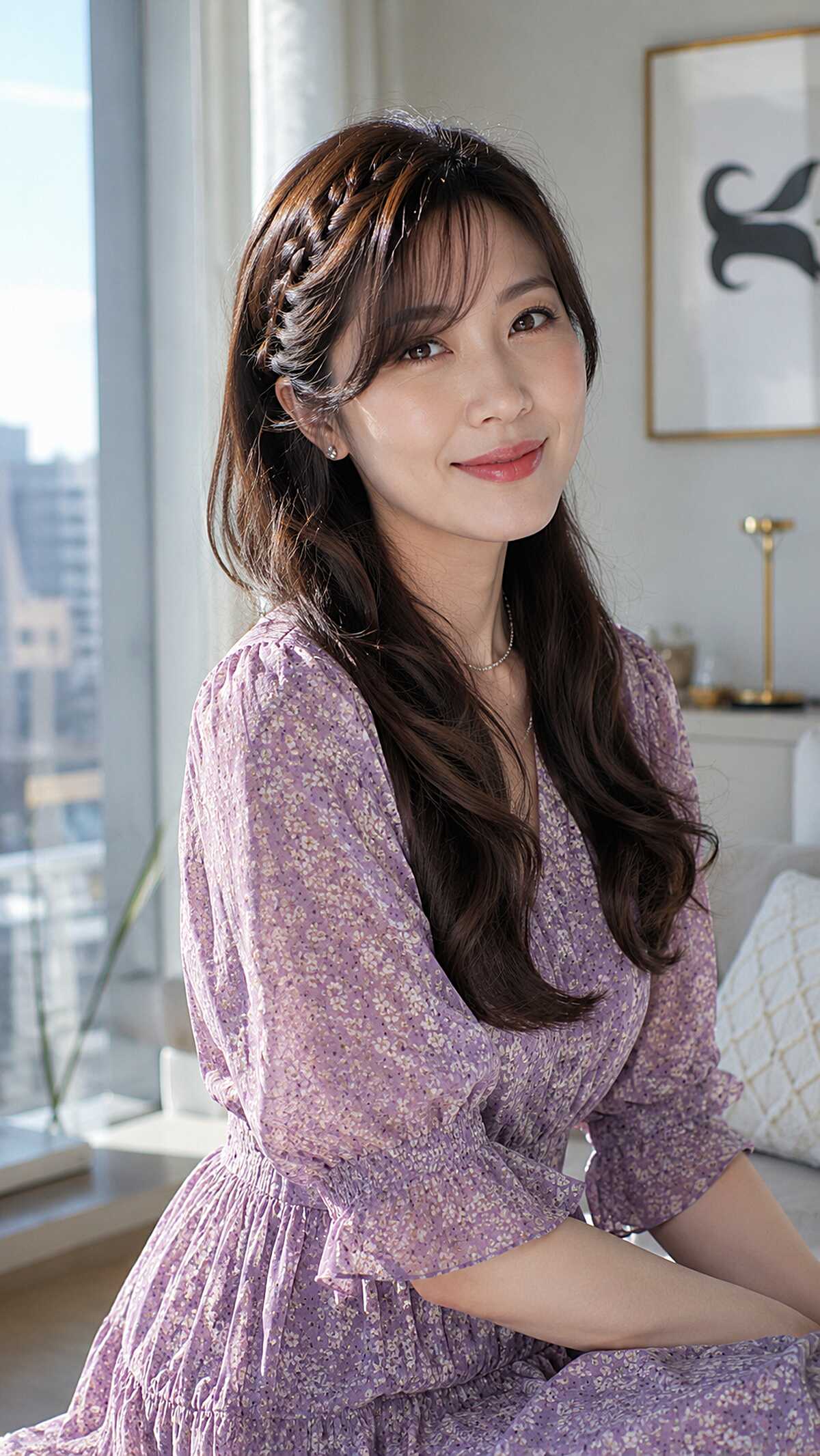 Small Side Braid Detail on Long Dark Wavy Hair