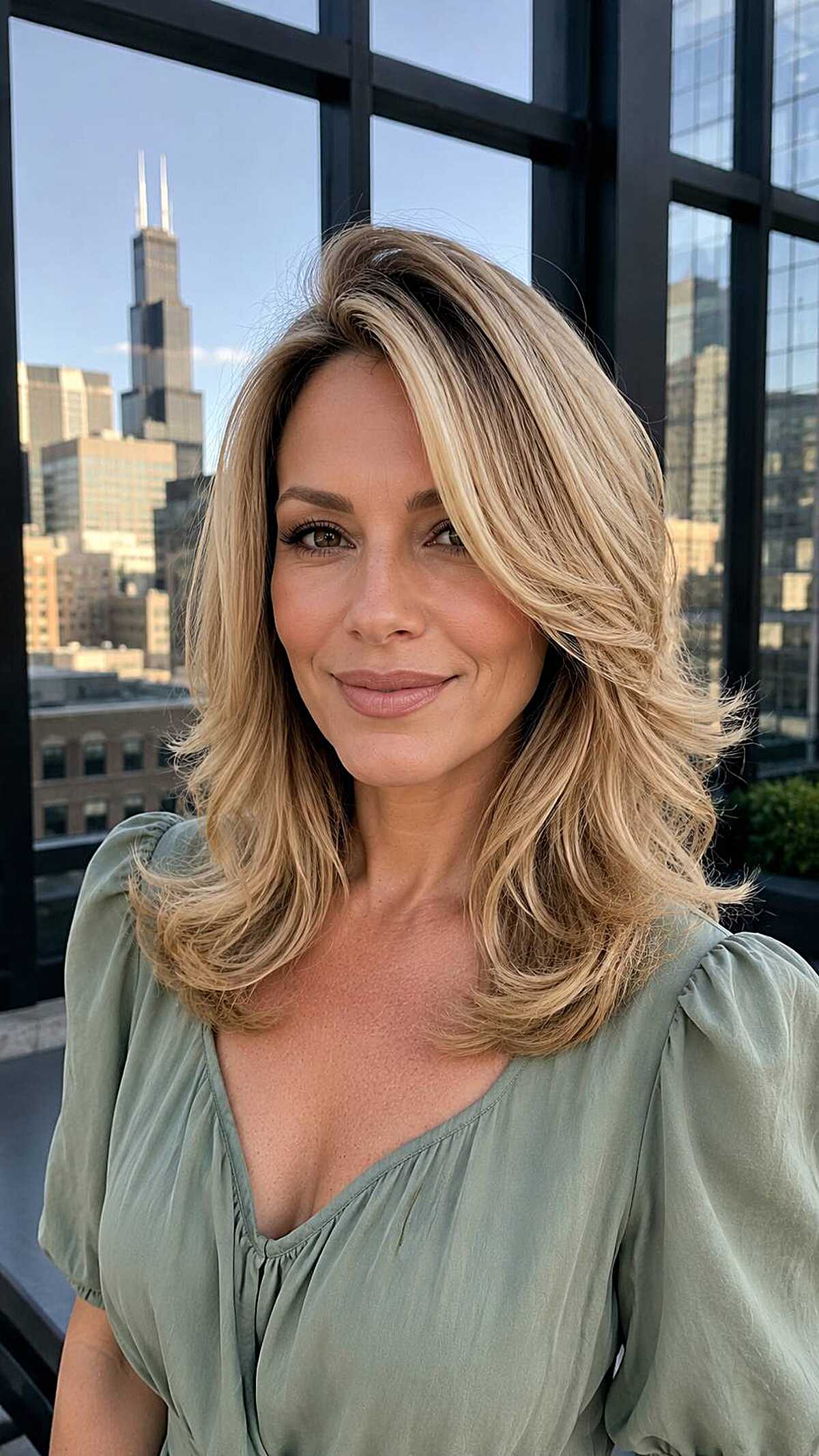 Dimensional sandy blonde blowout with layered side part