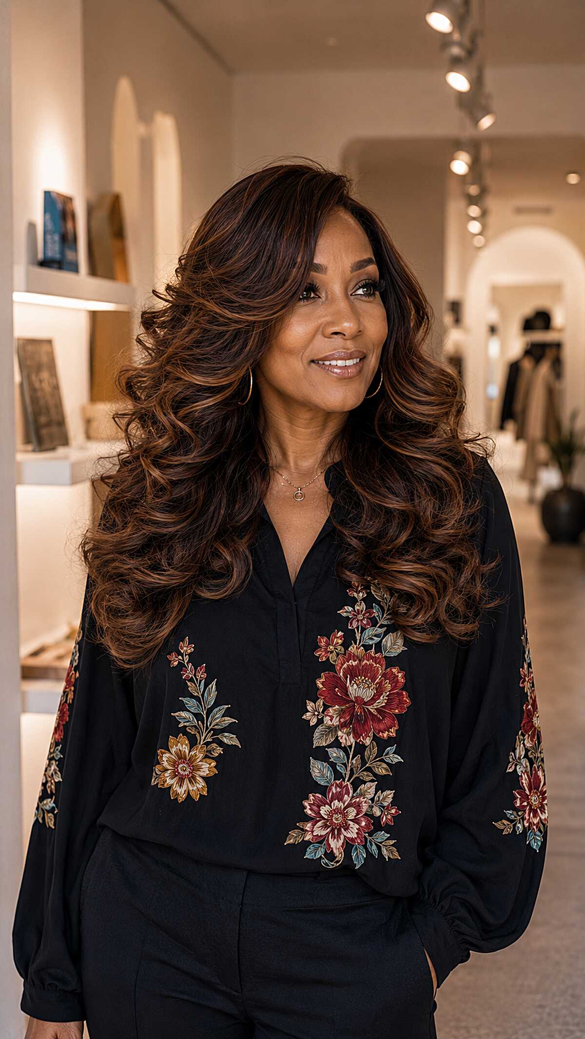 Long dramatic chocolate brown sew-in with big waves