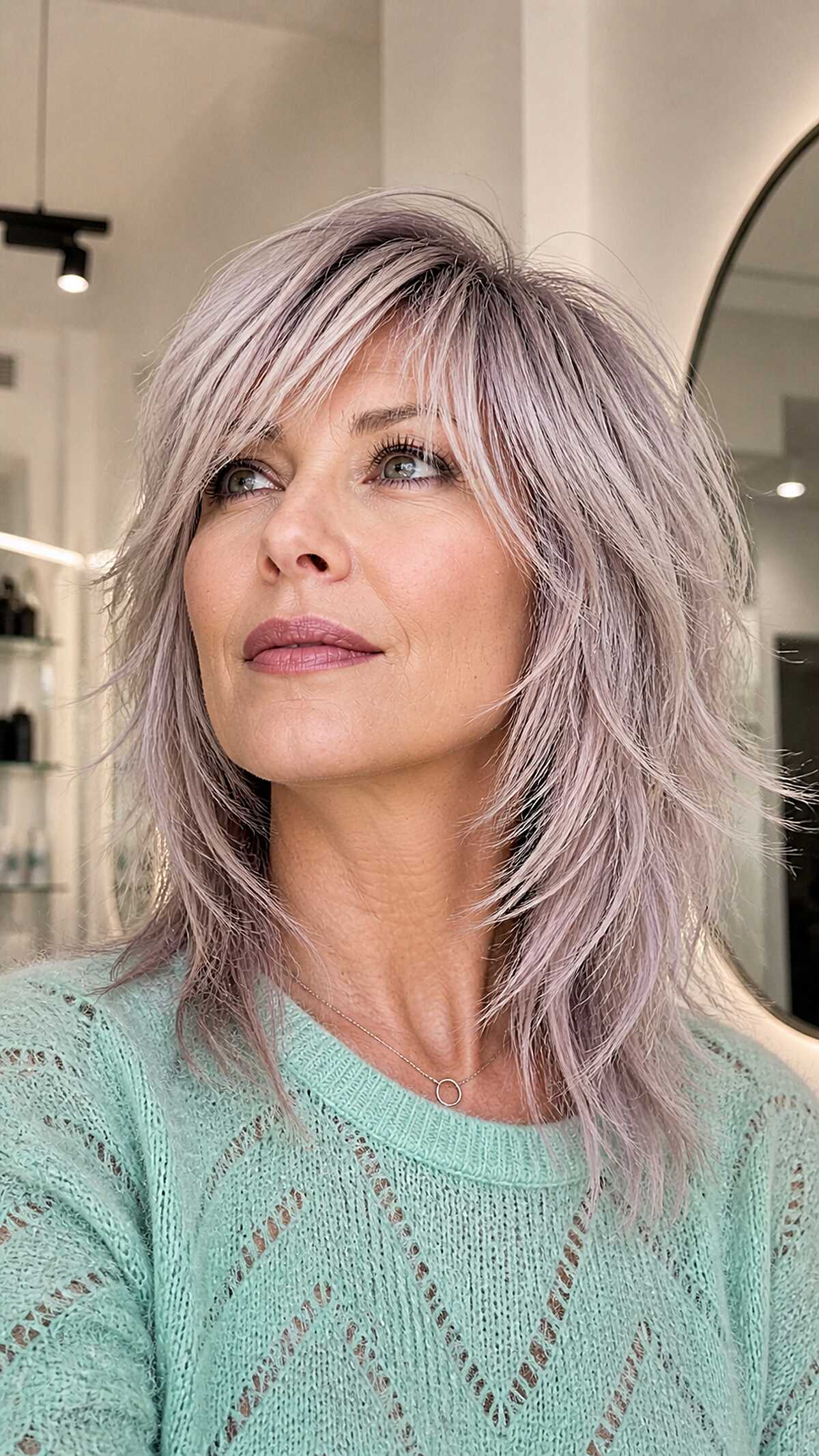 Dusty lilac shag wolfcut with wispy face-framing layers