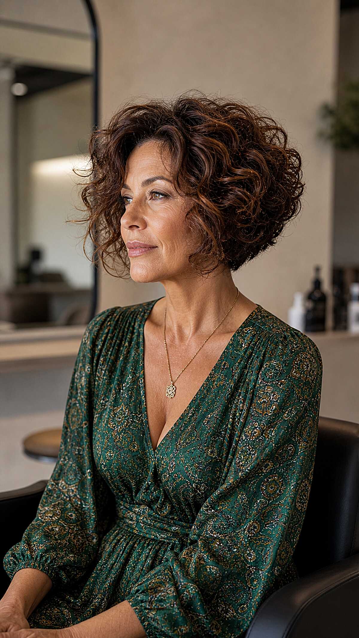 Effortless brunette curly bob in a salon setting