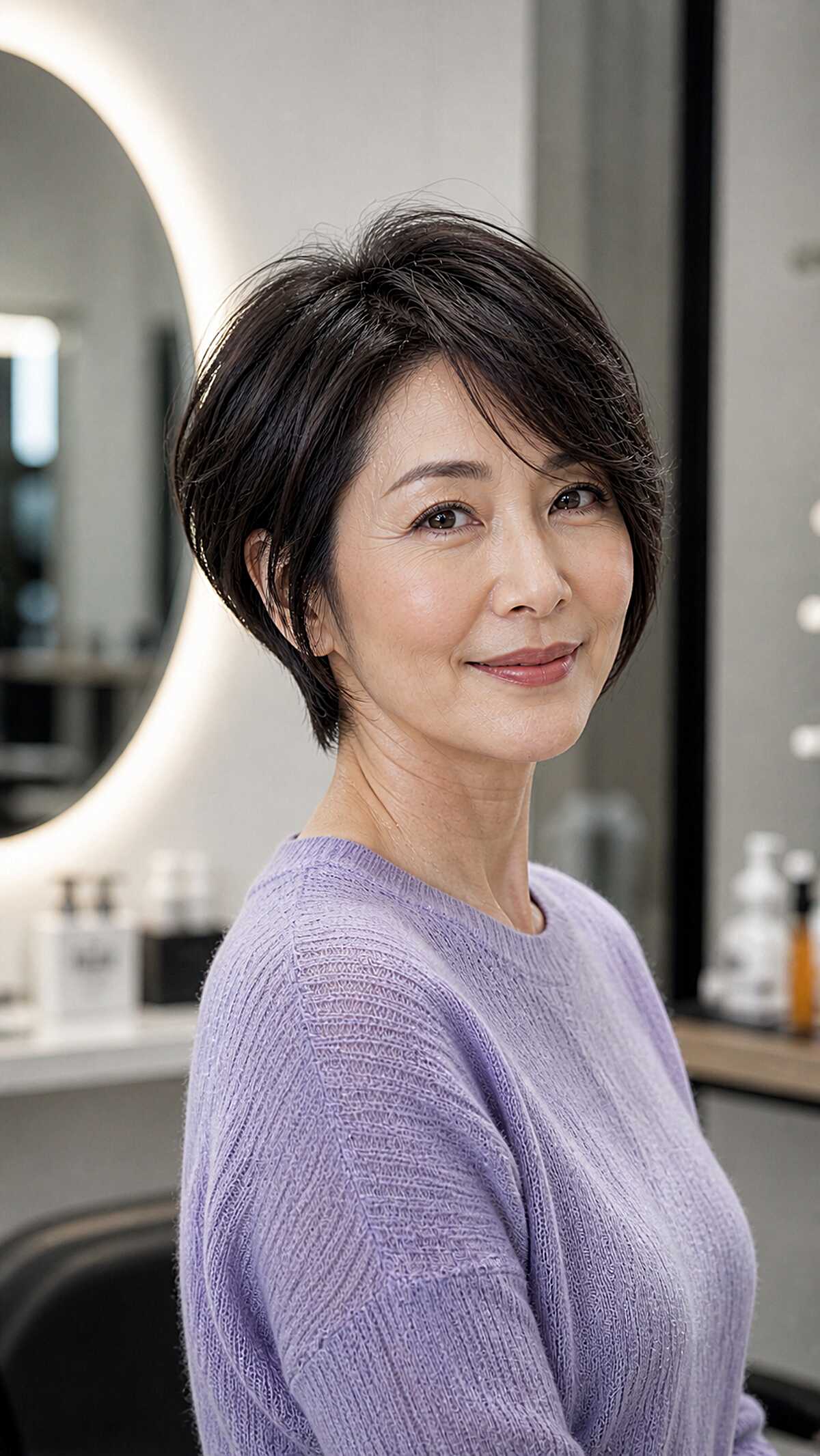 Dark short bob tapered at the nape with soft texture