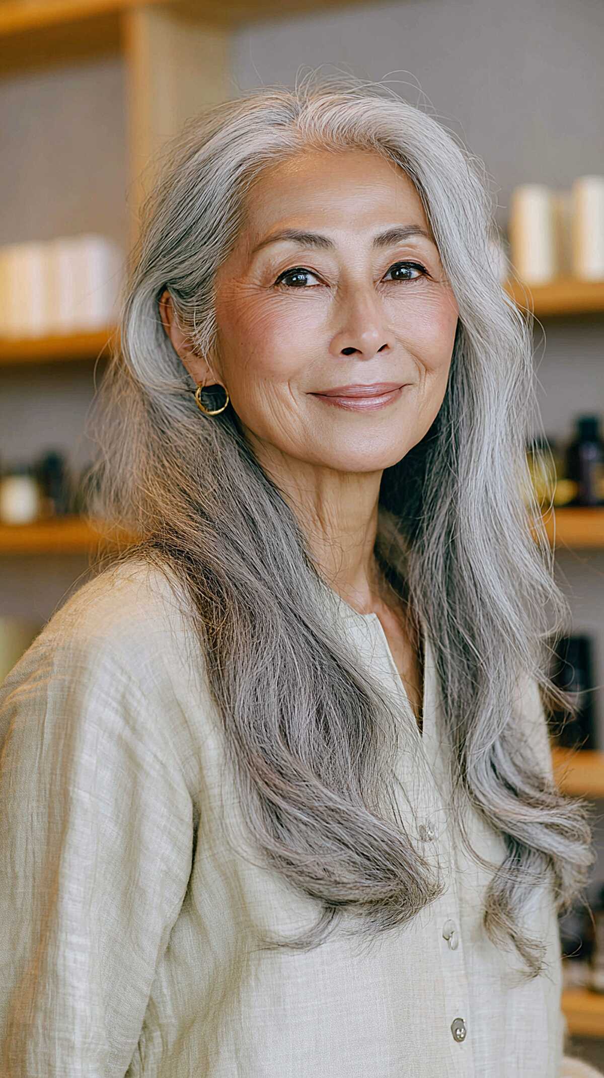 Long side-swept gray hair with natural wave and movement