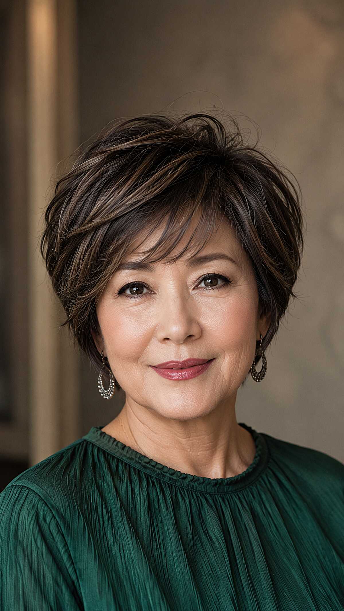 Espresso brown textured pixie bob with subtle highlights
