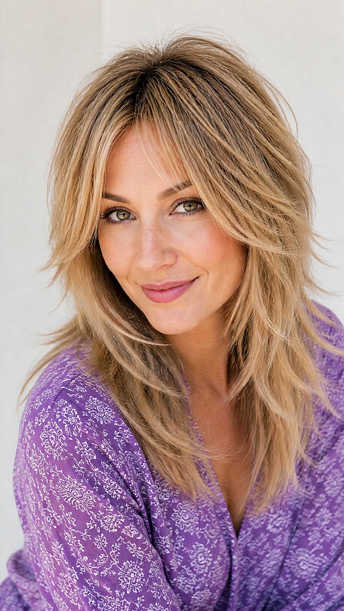 Feathered blonde wolfcut with side-swept soft layers