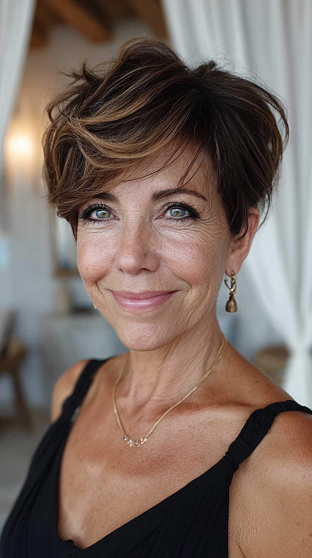Short feathered brunette pixie with caramel highlights