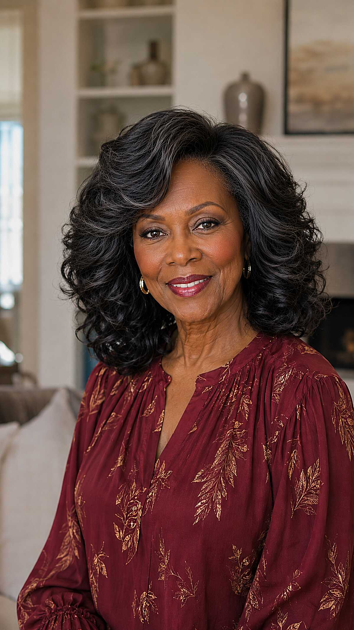 Medium feathered sew-in curls with charcoal tones