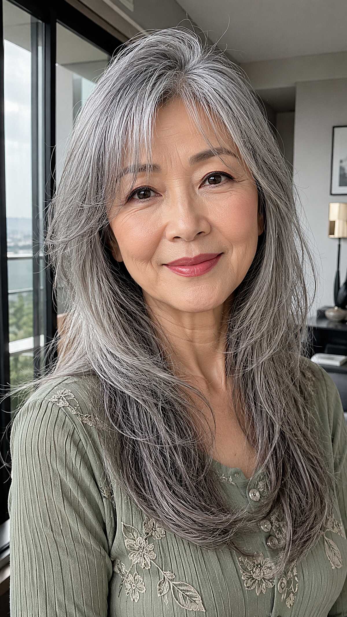 Long feathered silver gray hair with wispy bangs on woman