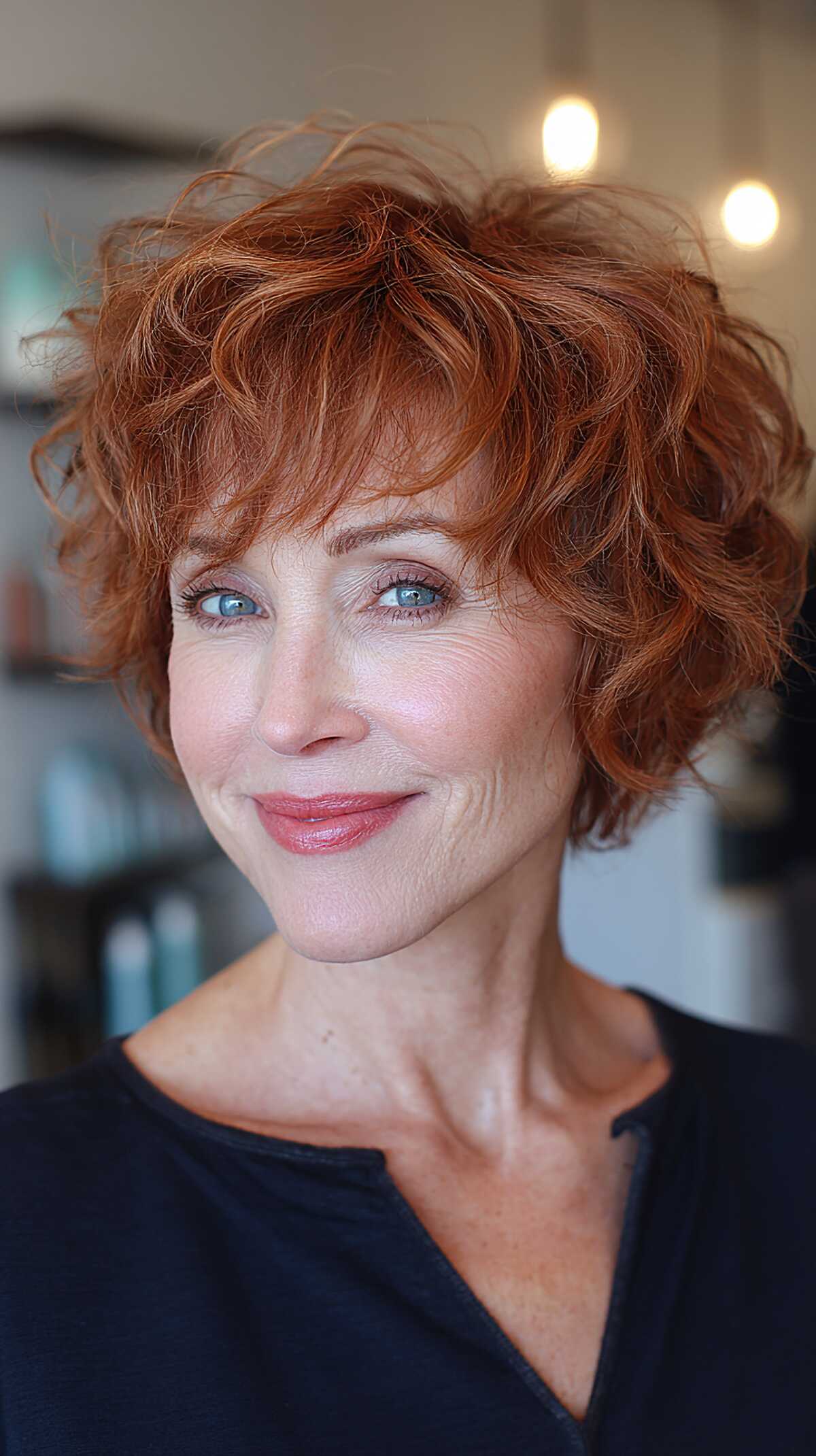 Fiery red curly short bob with full volume and bangs