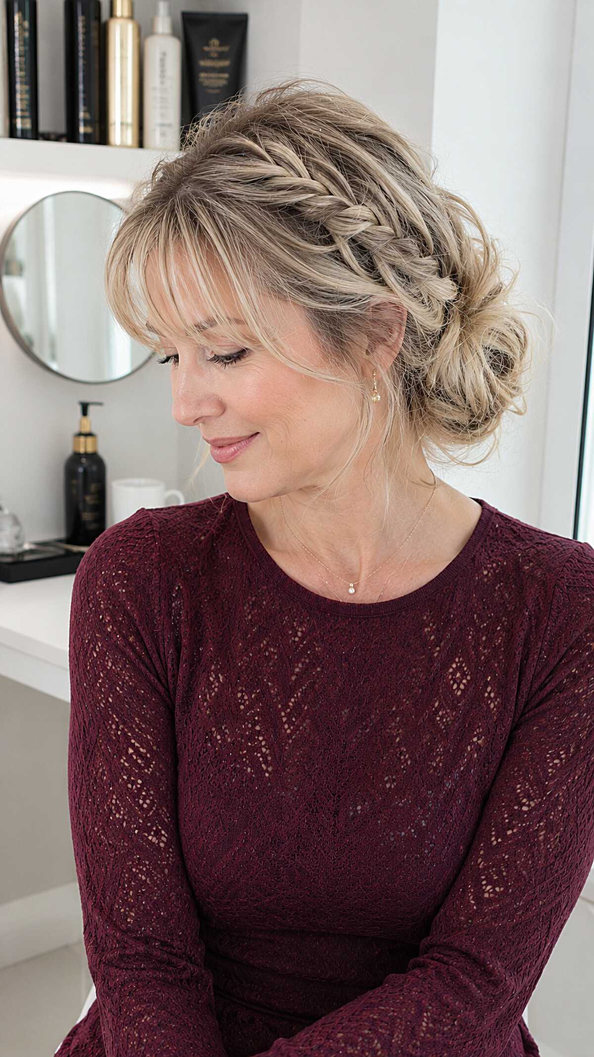 Blonde Fishtail Crown Braid with Bangs and Low Bun