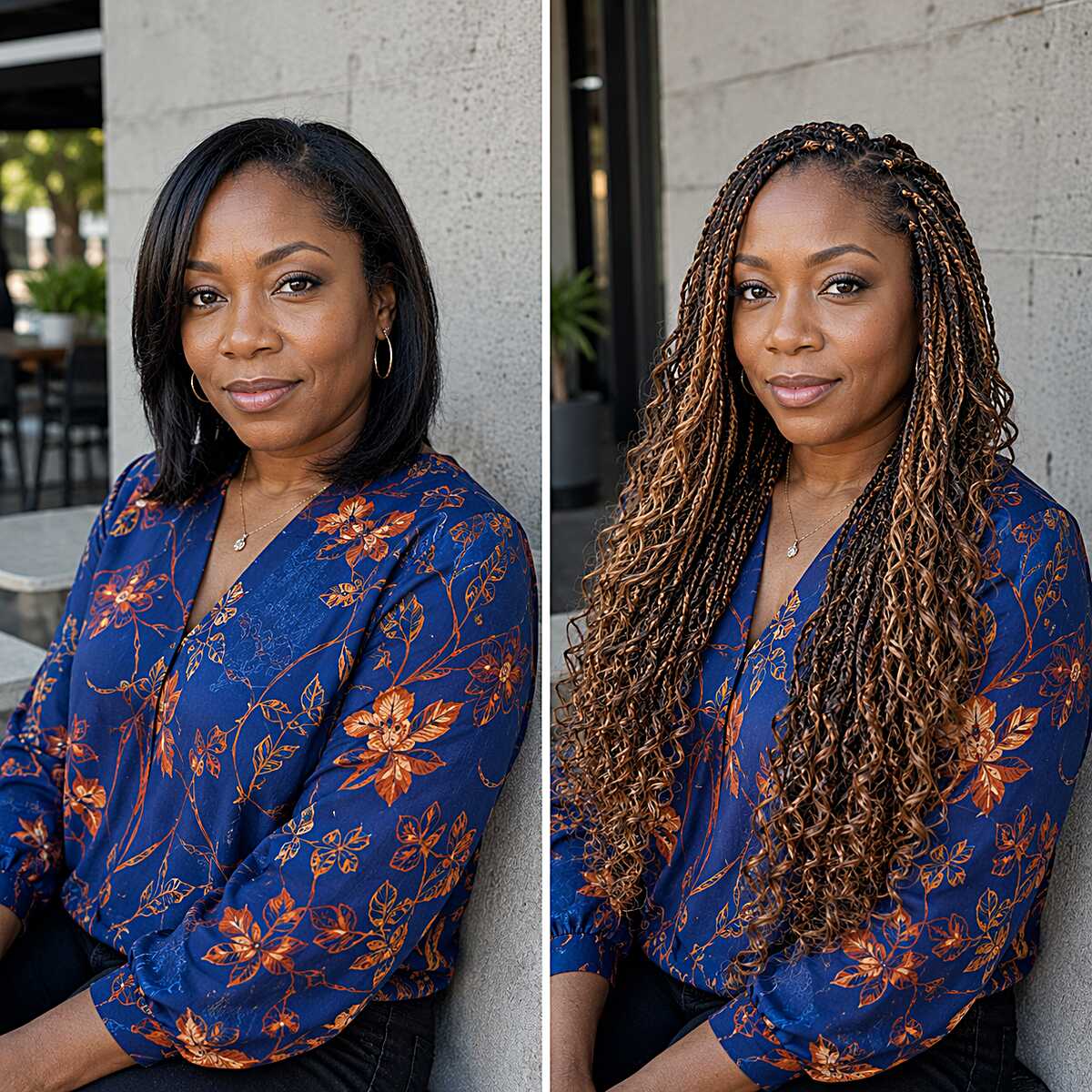 Before and After Transformation to Ombré Boho Braids