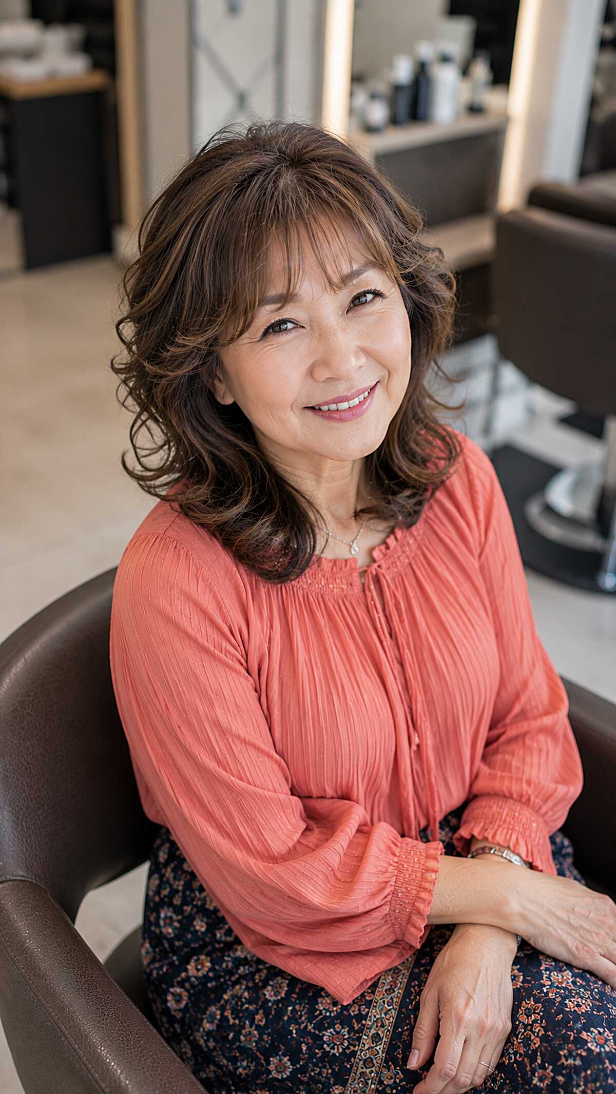 Full-bodied brunette shag with curtain bangs over 60