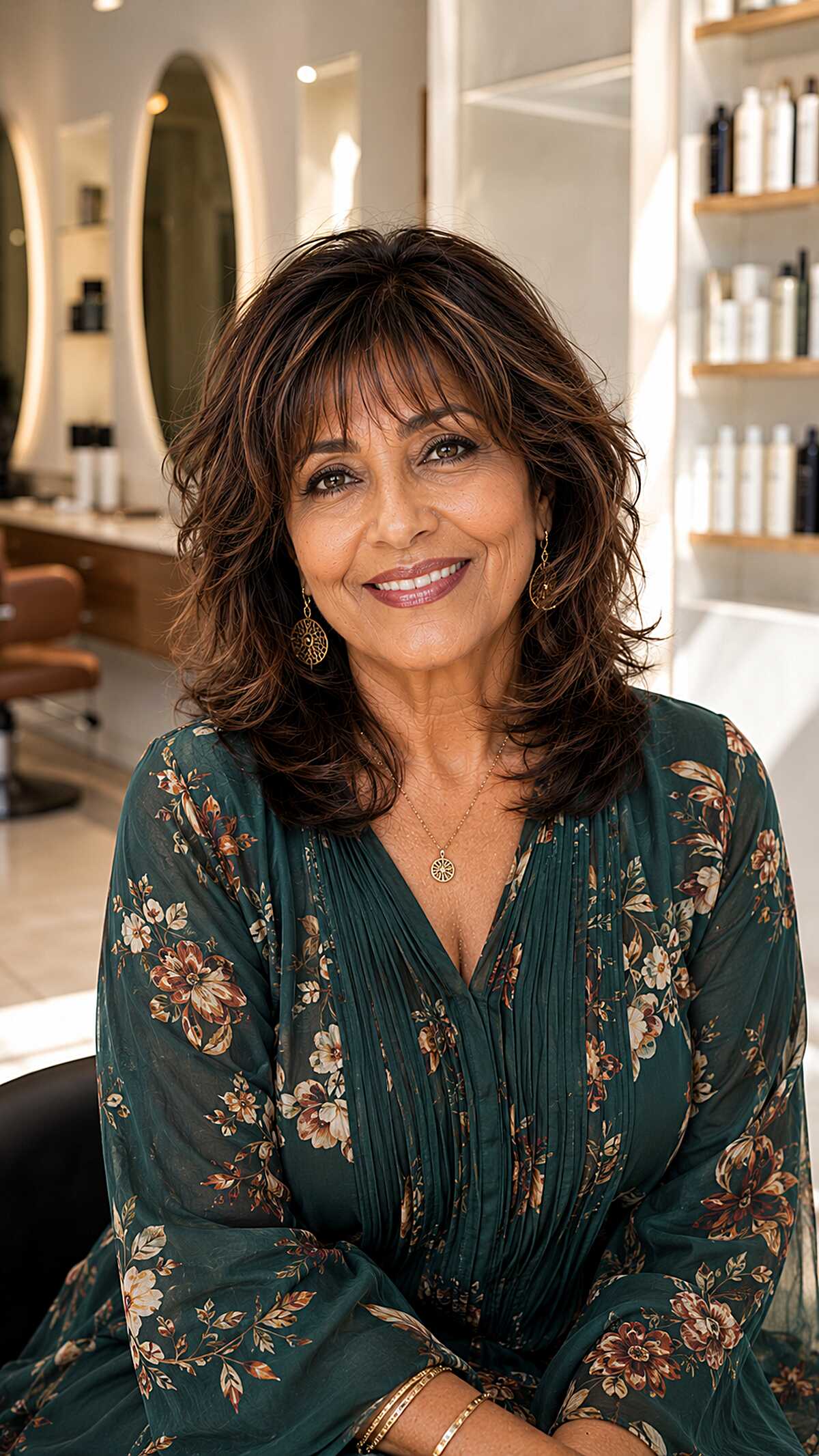 Full brunette shag with curtain bangs and highlights