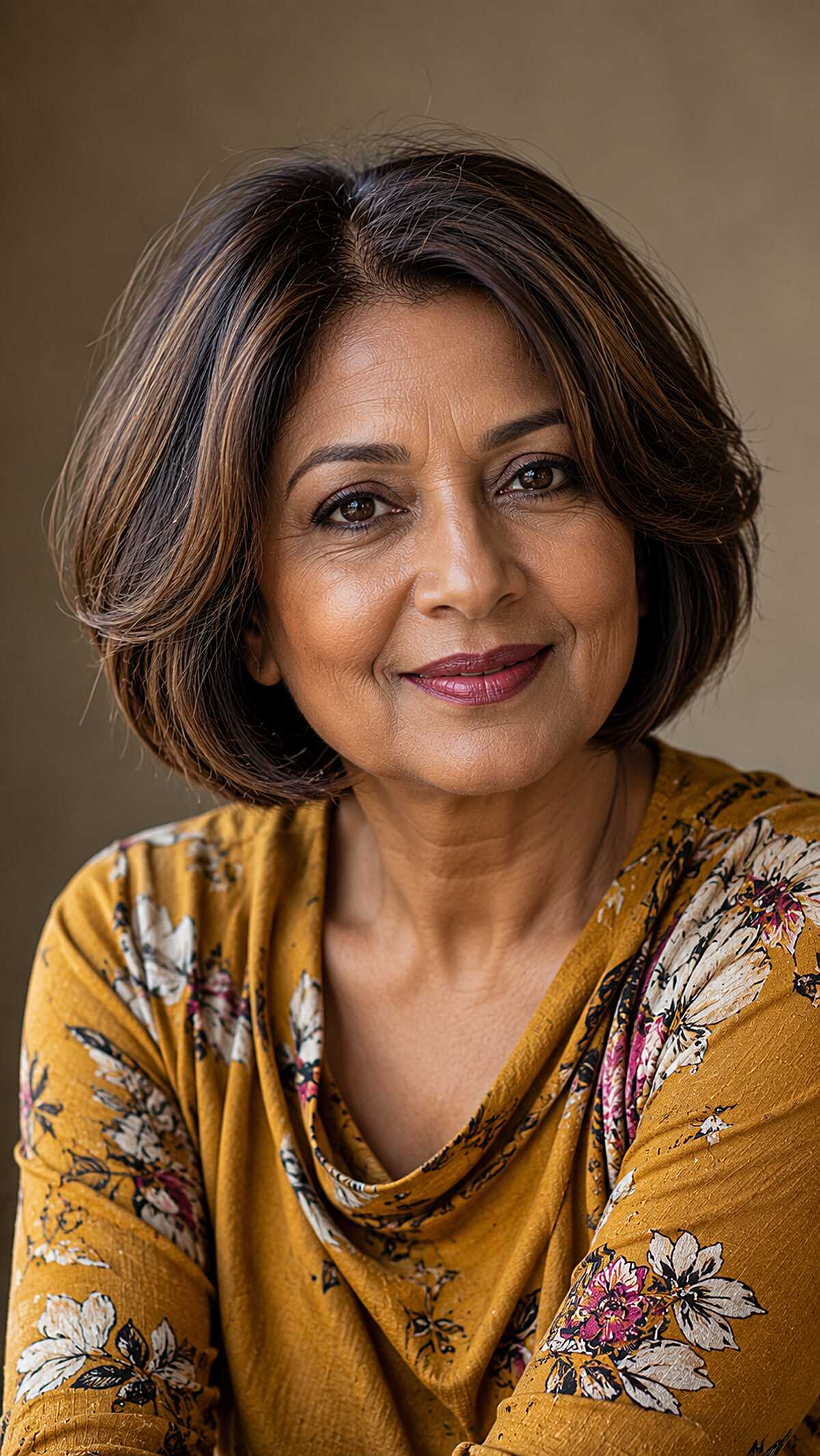 Glossy Deep Brown Layered Bob with Warm Highlights