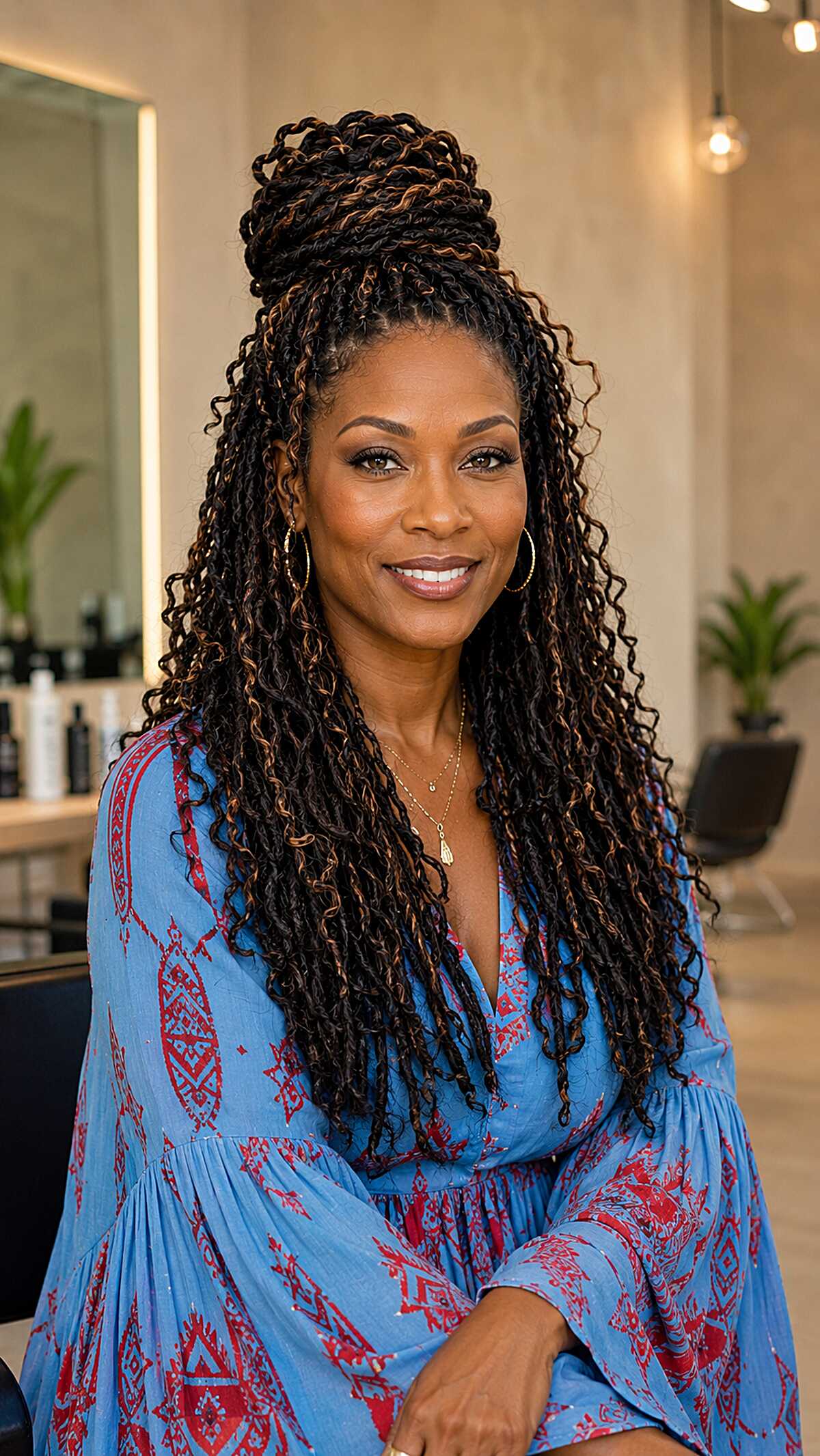 Long Goddess Locs Half-Up Style With Copper Highlights