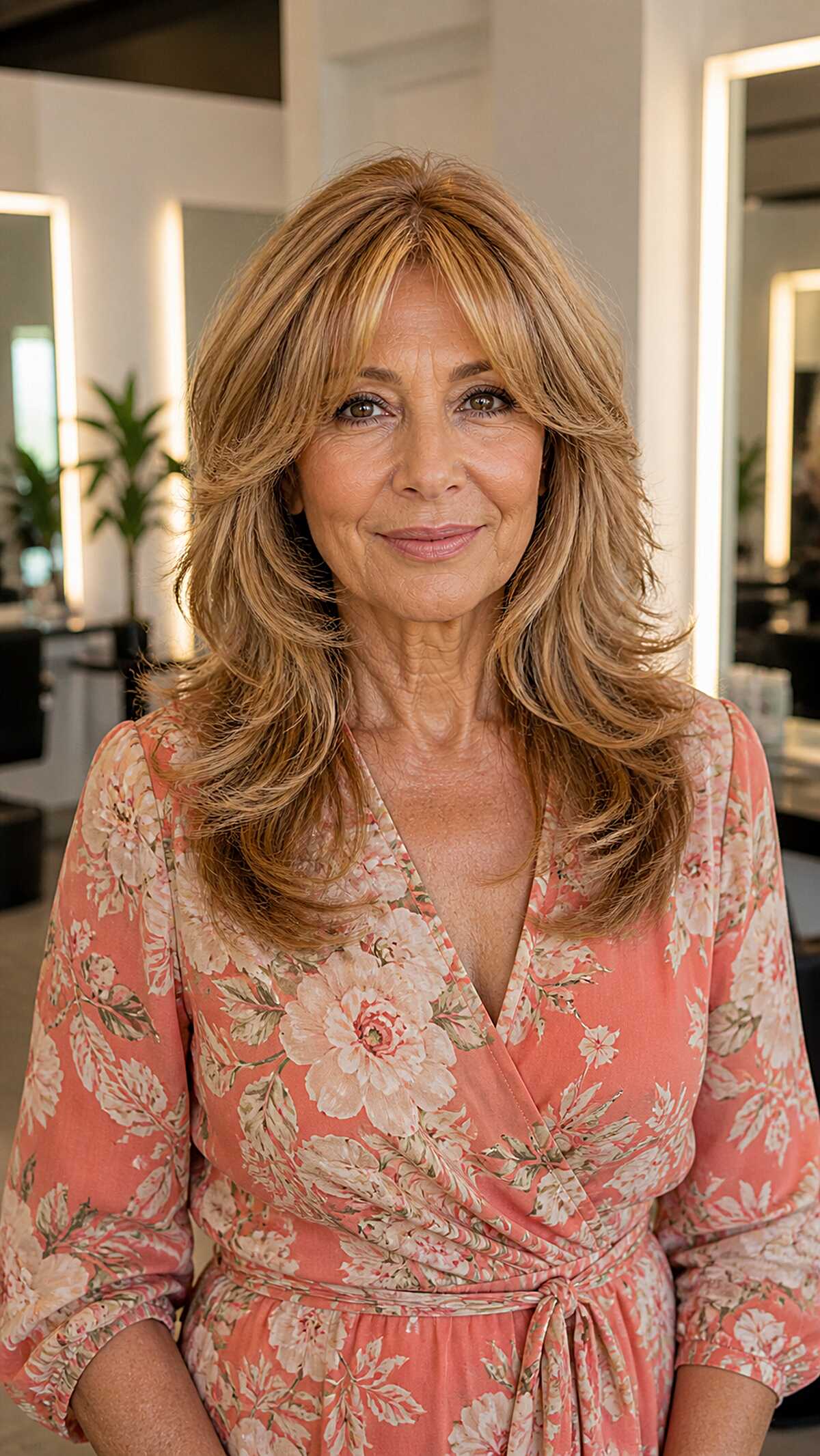 Golden Blonde Long Shag with Feathered Layers and Bangs
