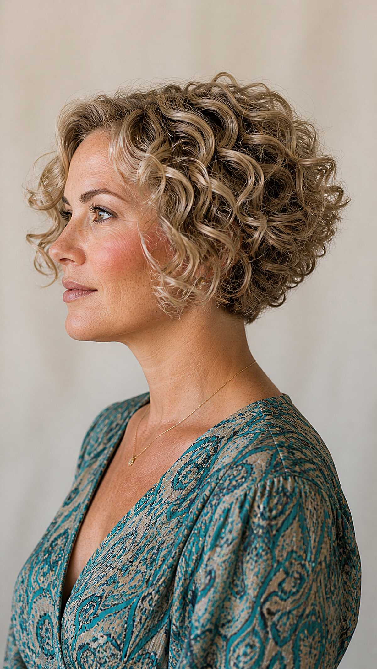 Side view of a graduated blonde curly bob