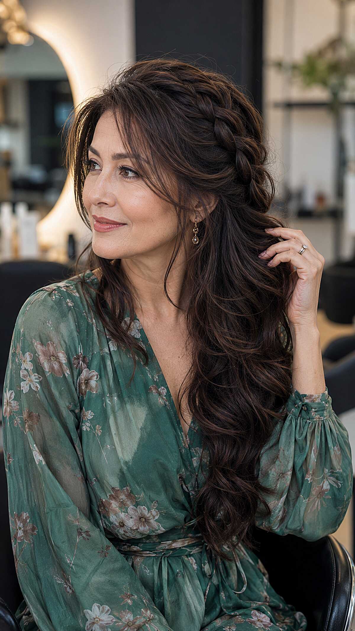 Half-Up Crown Braid with Long Dark Flowing Curls