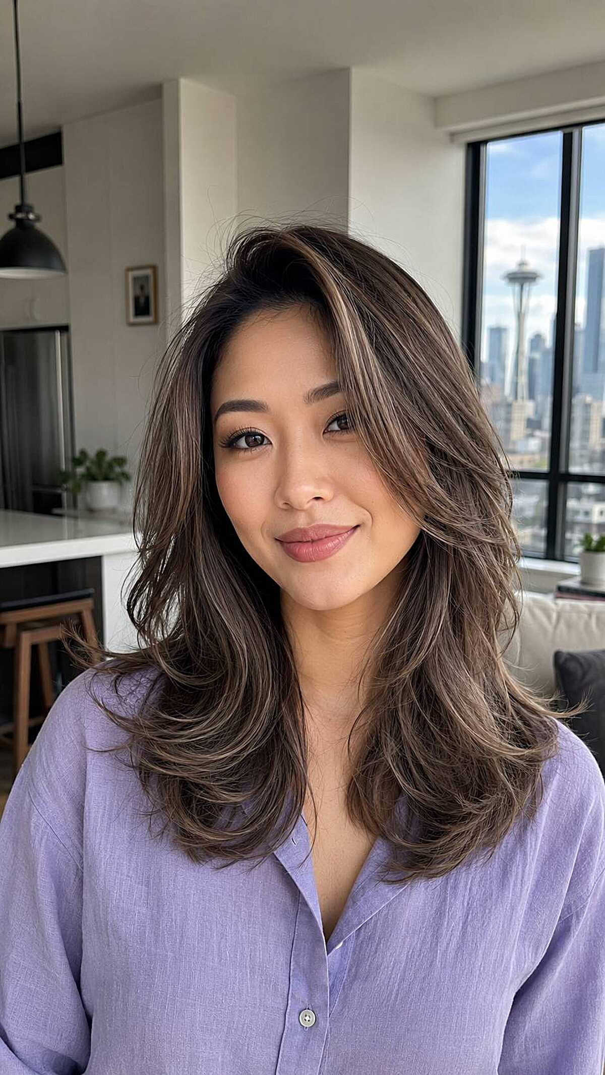 Brunette medium hair with highlights and long curtain layers
