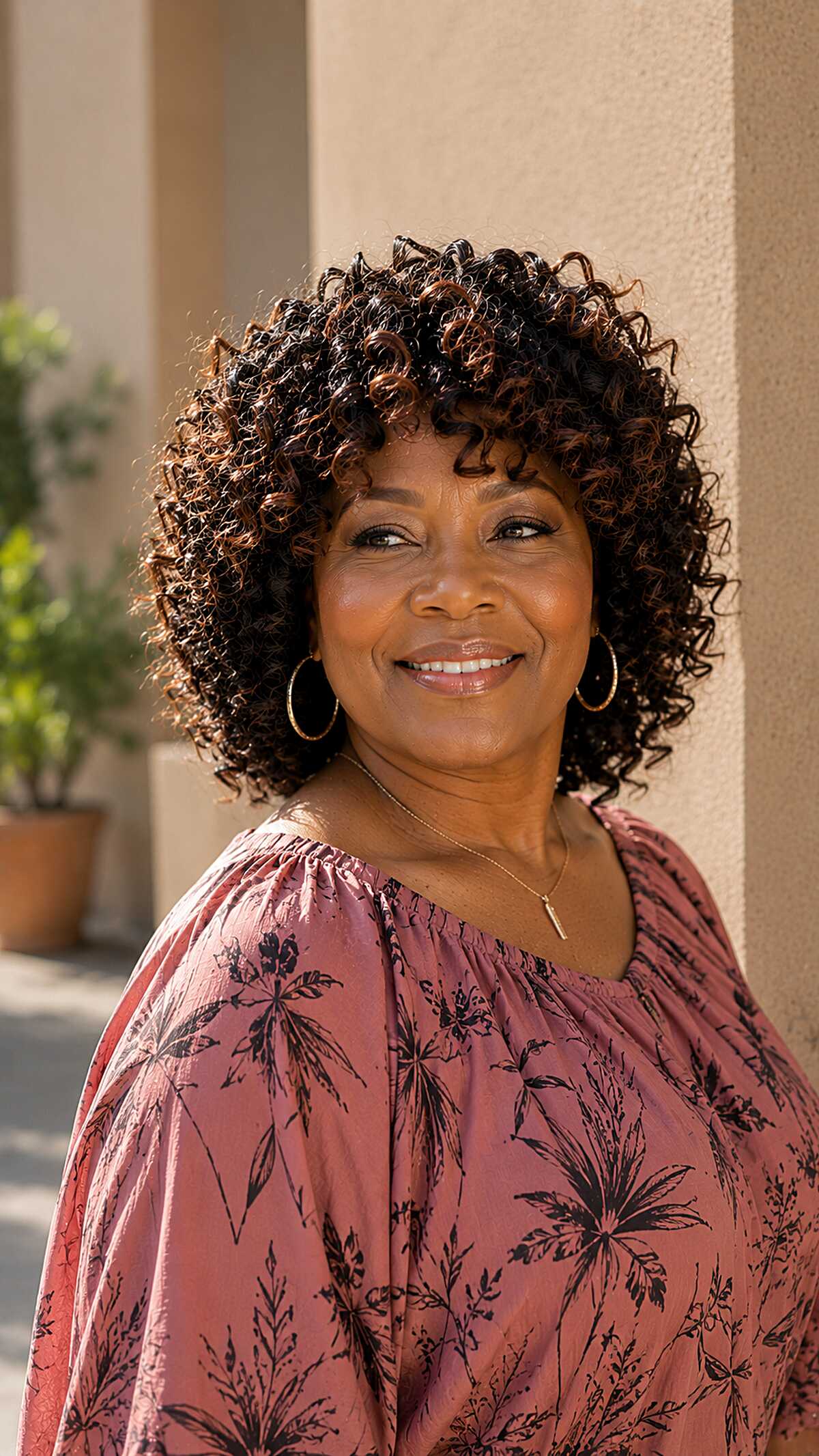 Short Curly Bob With Copper Highlights on Dark Base