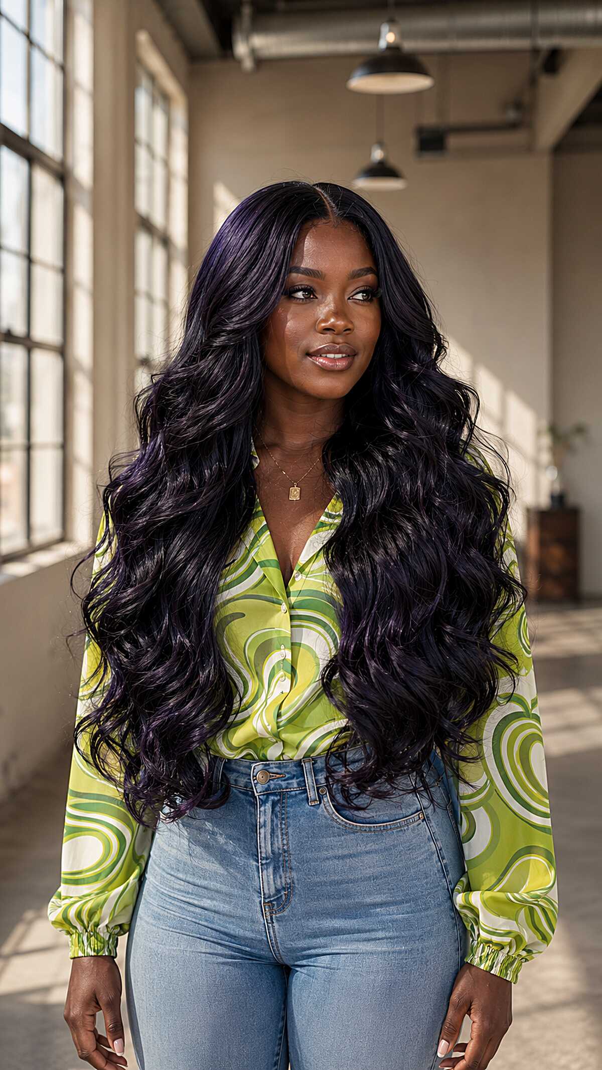 Extra-long black wavy sew-in with middle part