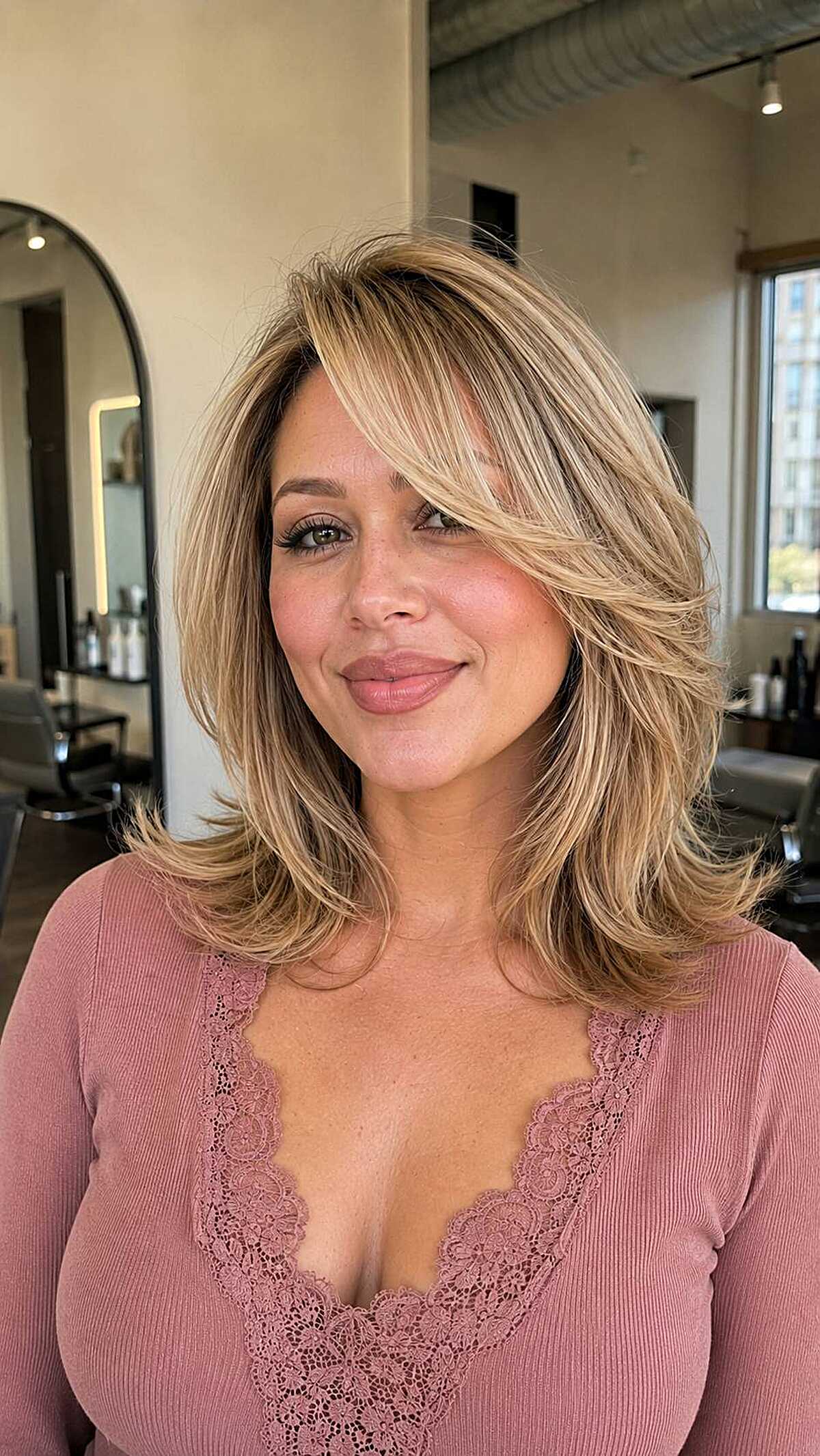 Honey blonde feathered layered medium hair with side part