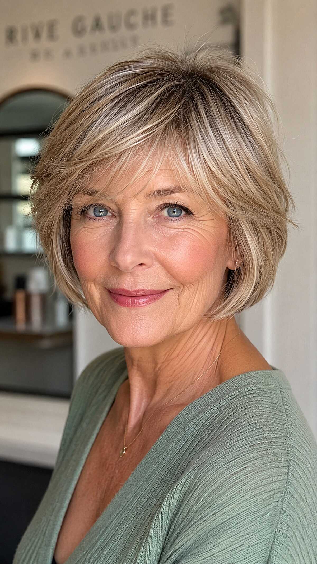 Honey blonde feathered pixie bob with soft wispy bangs