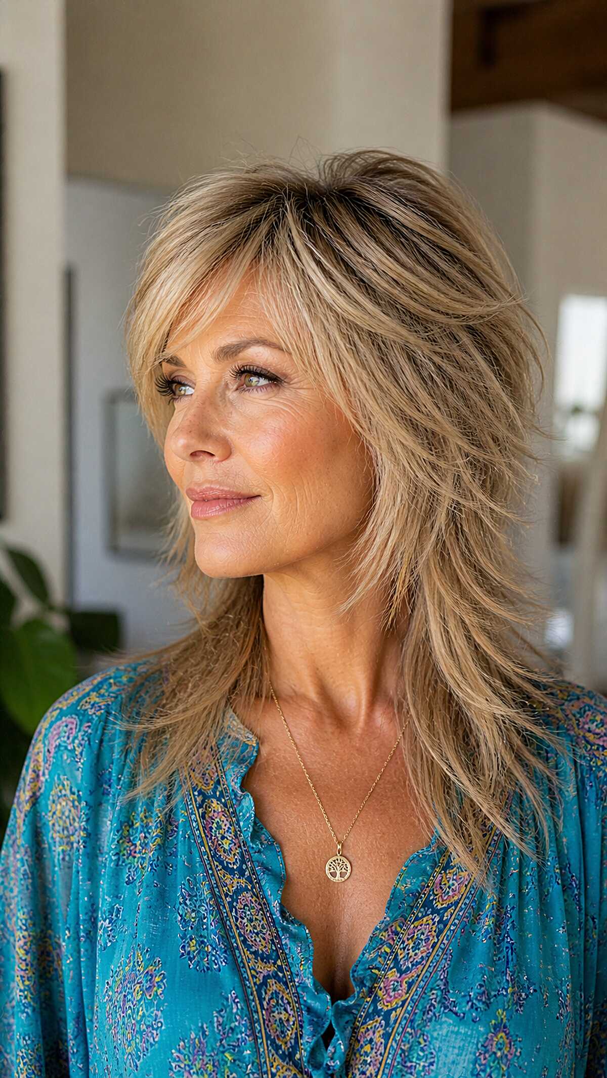 Honey blonde feathered shag wolfcut with 70s layers