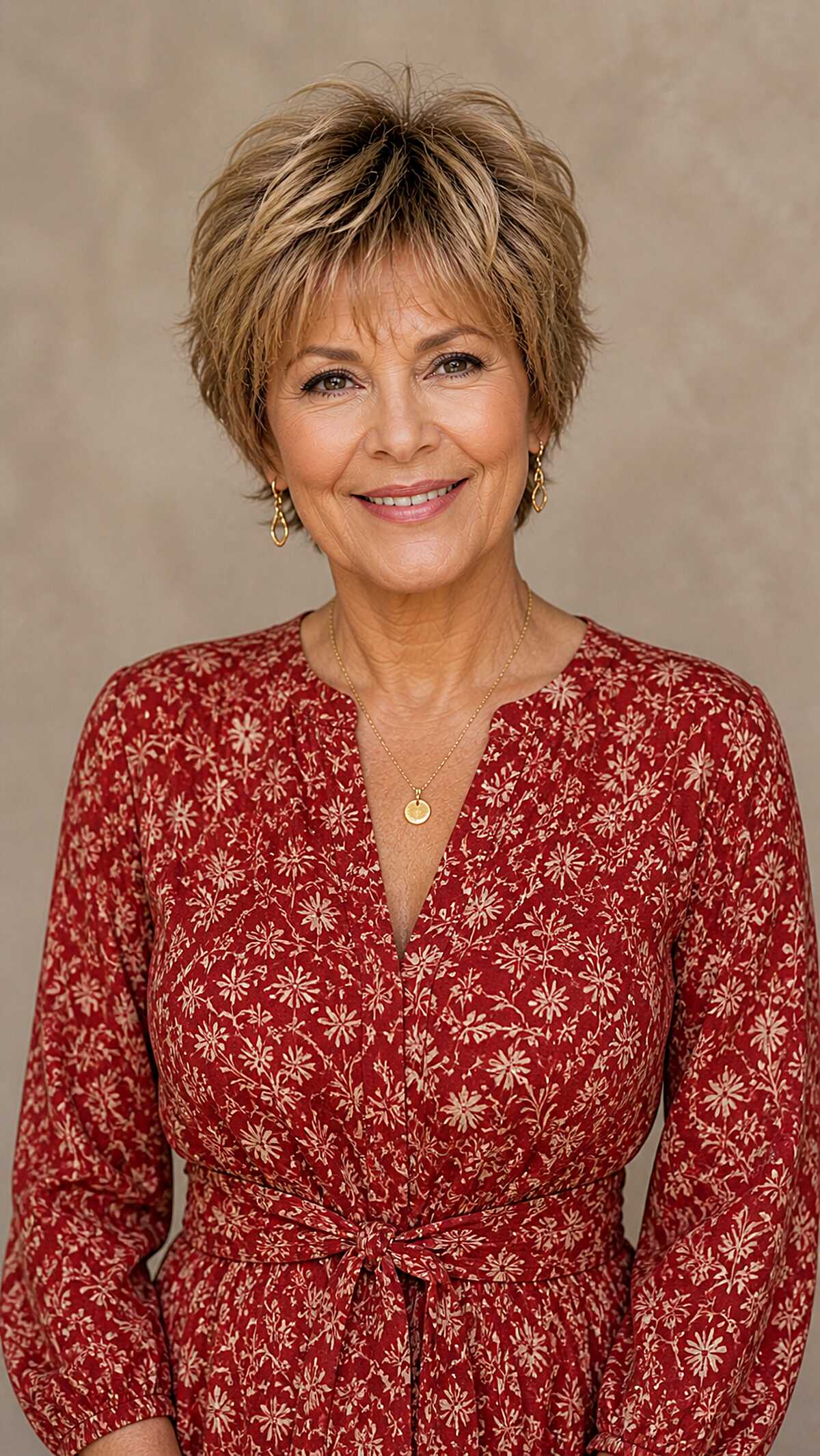 Honey blonde highlighted pixie shag for women over 60