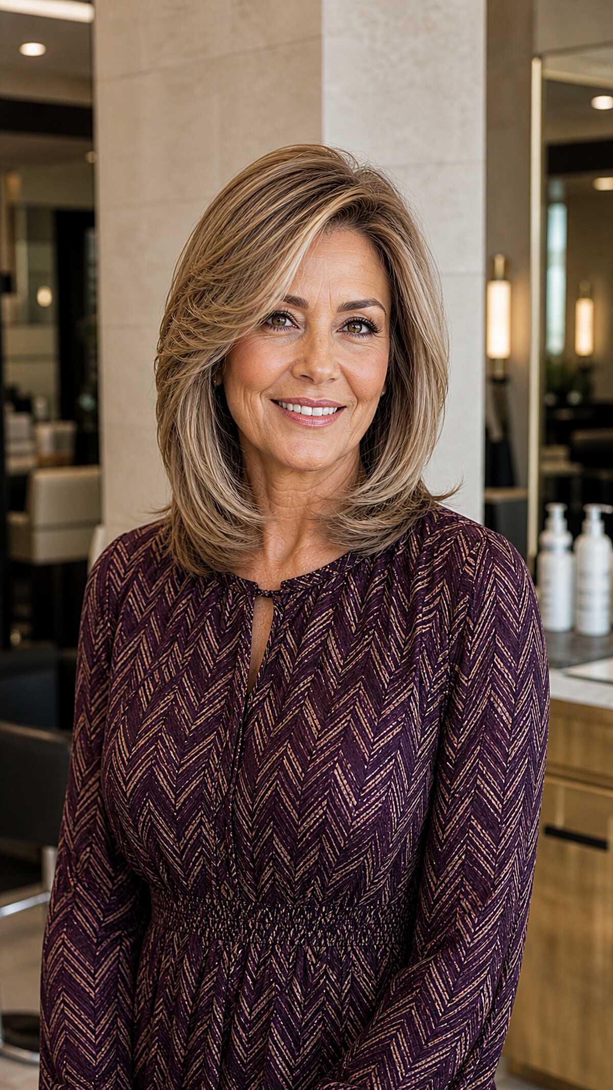 Honey blonde medium layered lob with deep side part