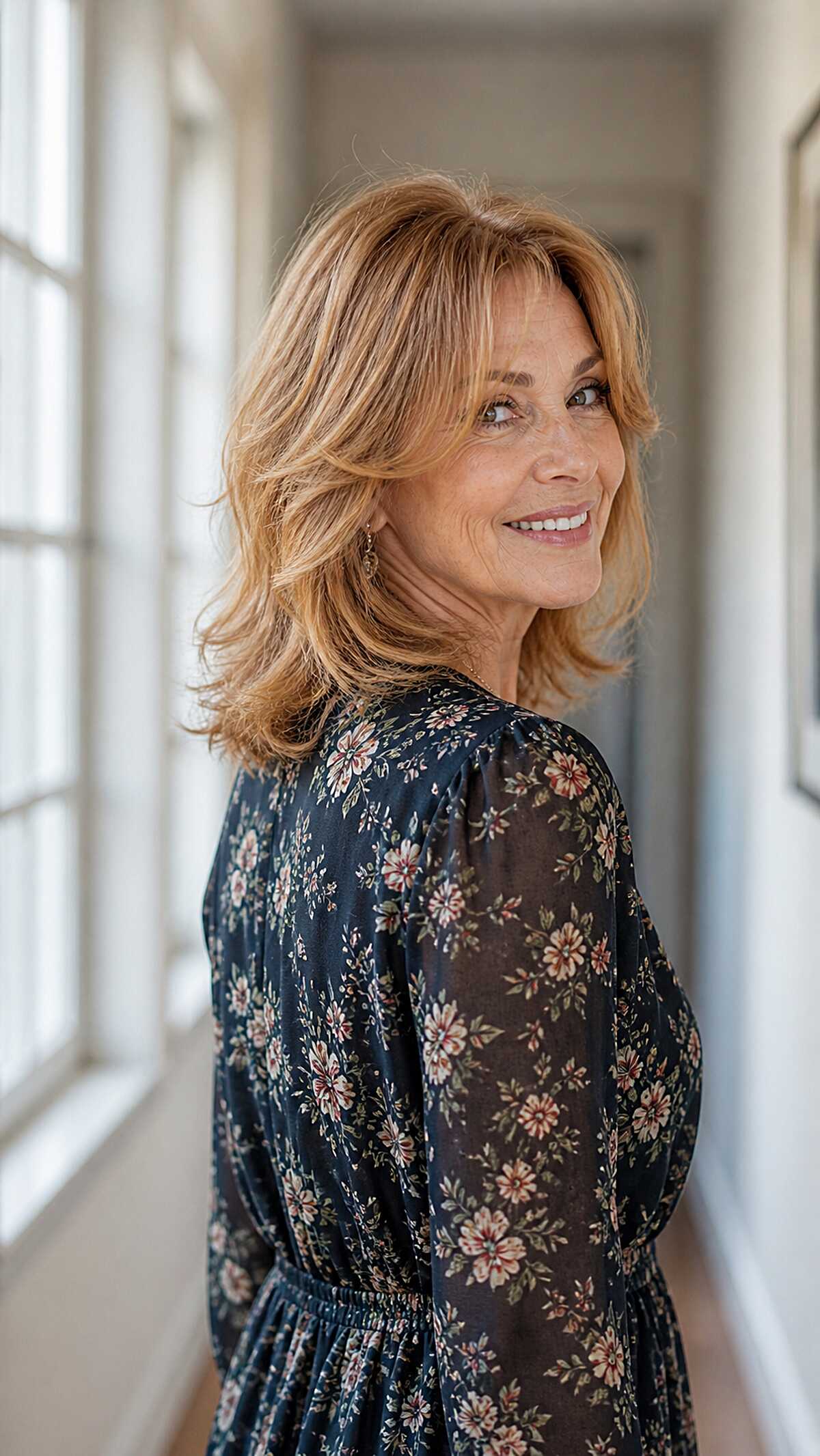 Honey Blonde Layered Shag Lob for Women Over 60