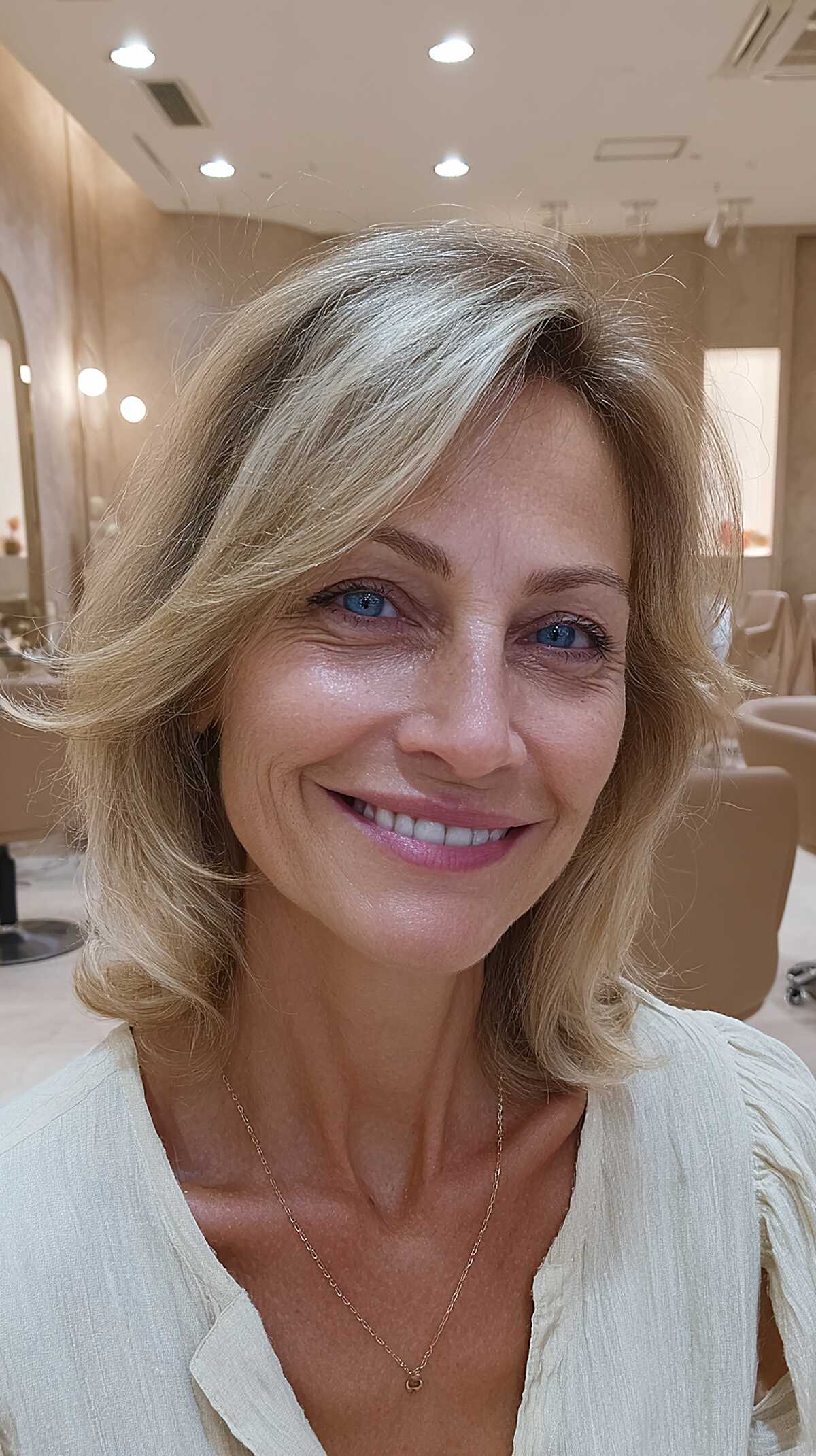 Honey blonde shoulder-length layers with curtain fringe