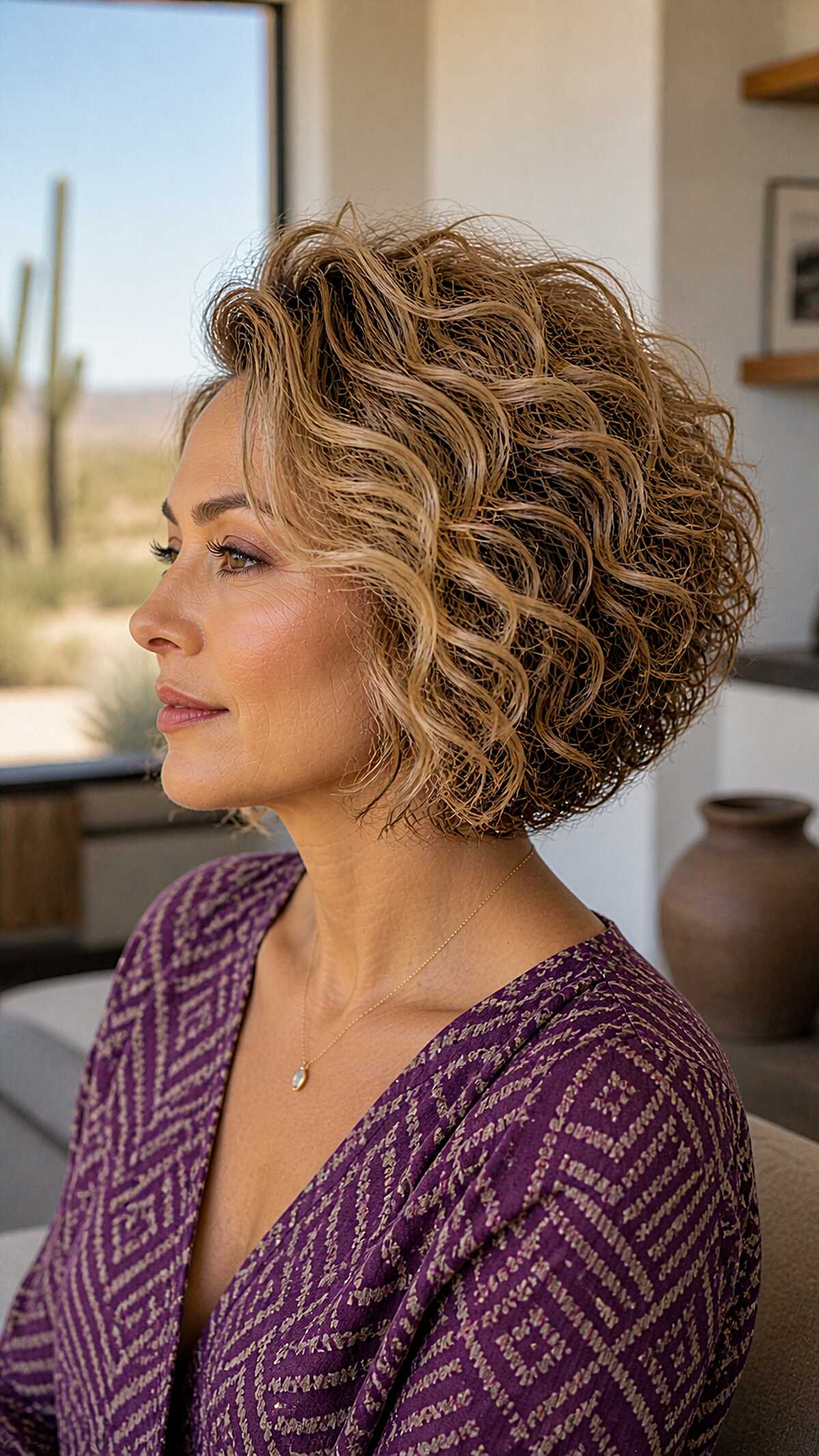 Honey blonde stacked curly bob with volume