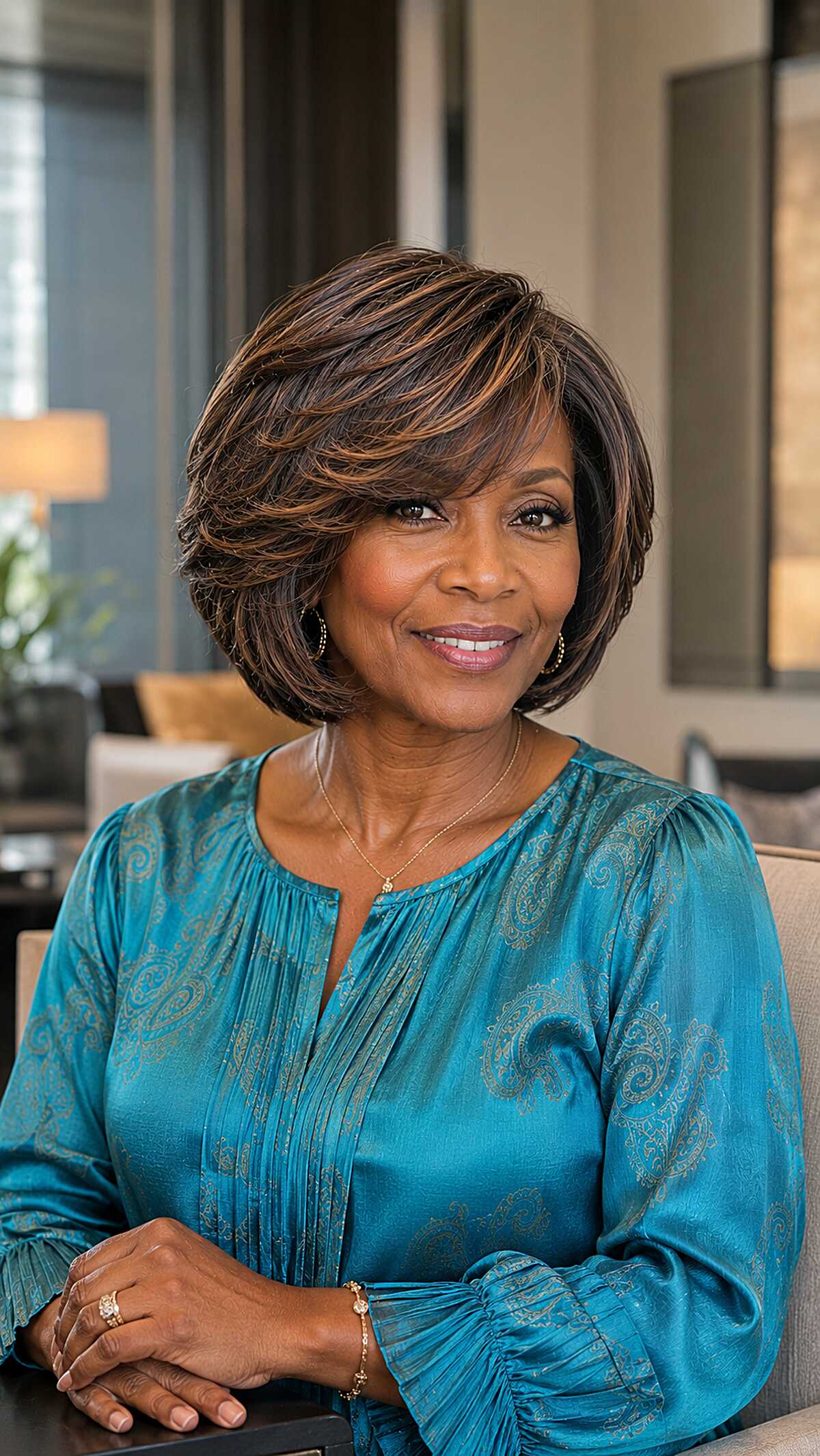 Stacked Bob with Honey Highlights and Layered Volume