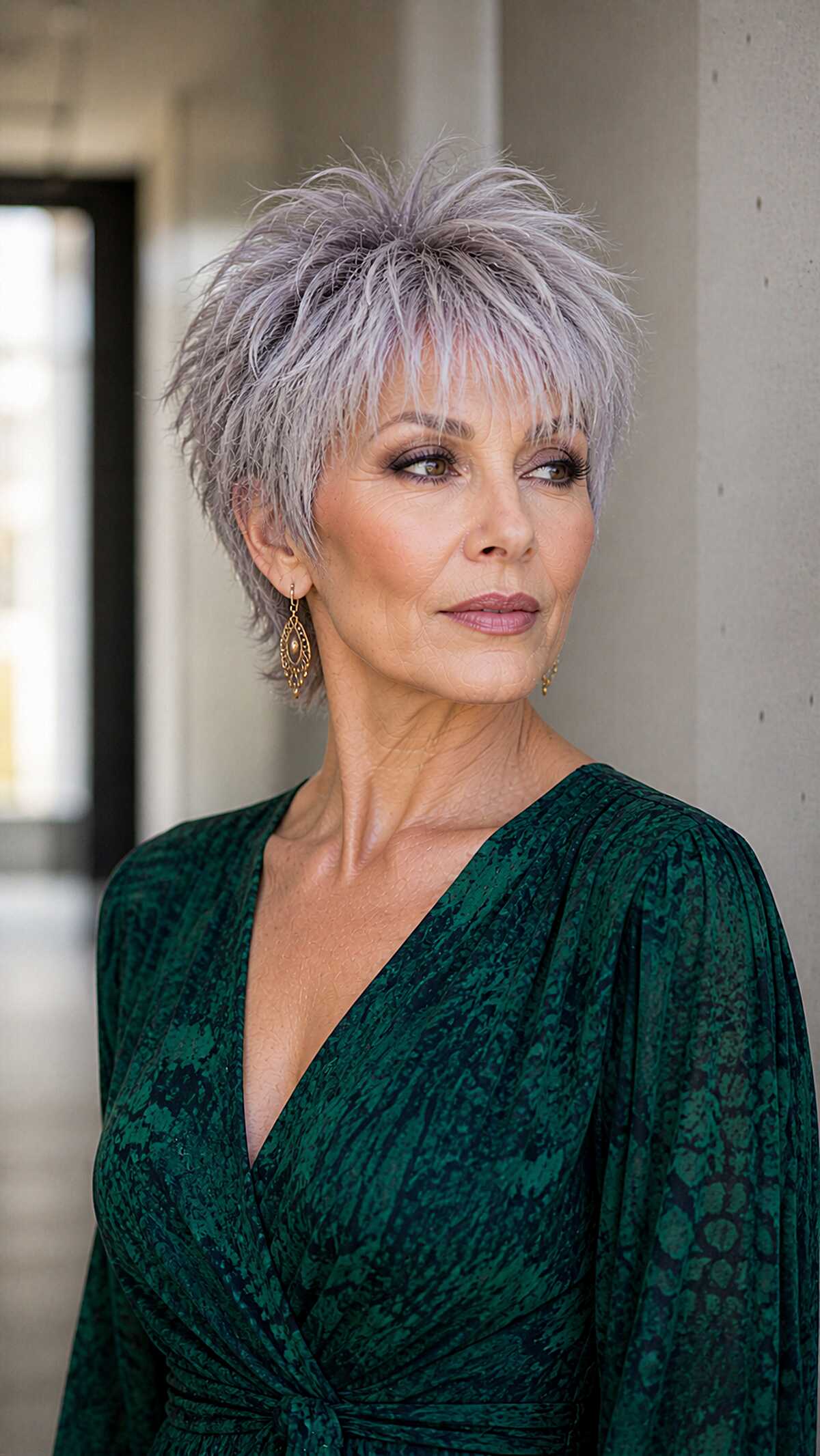 Icy lilac-silver spiky pixie shag on woman over 60