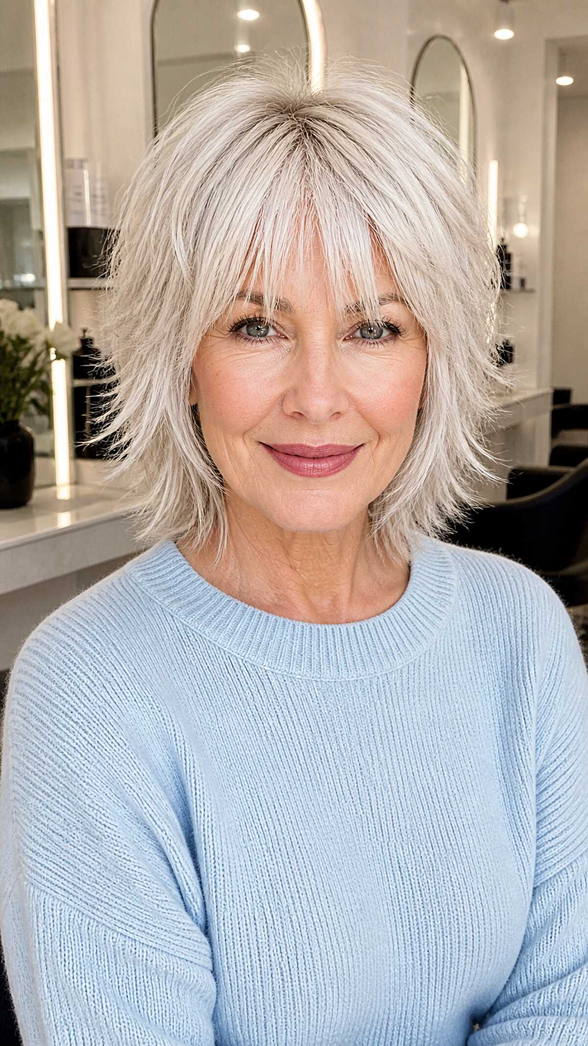 Icy platinum bob-length shag wolfcut with bangs