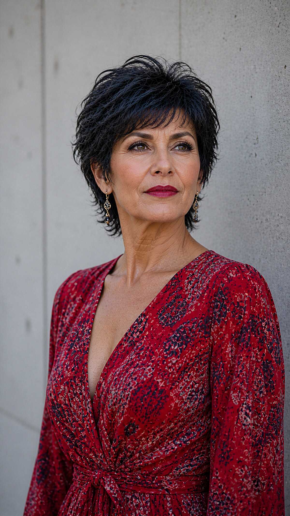 Jet black feathered pixie shag on woman over 60