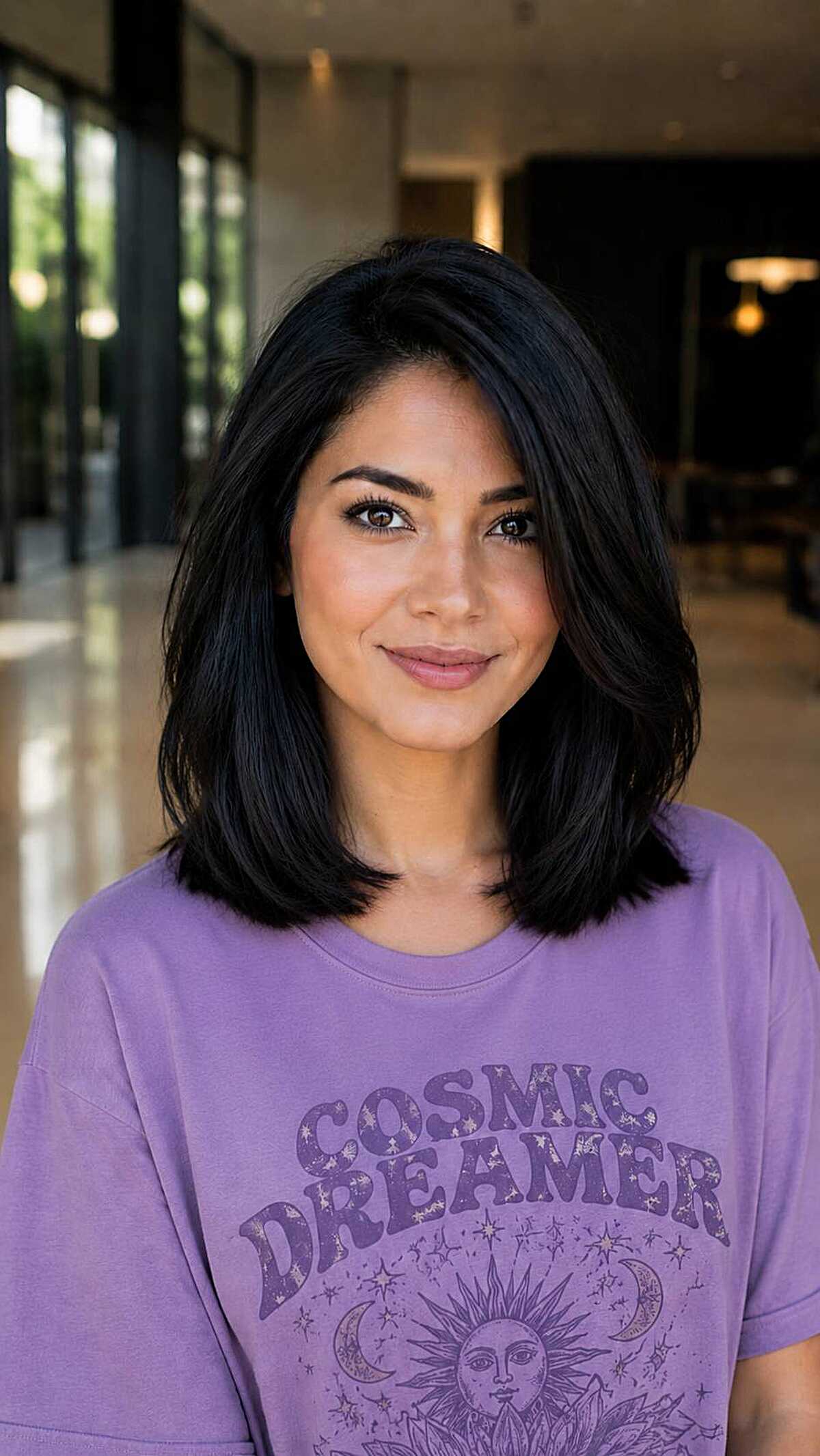Jet black textured lob with soft side part