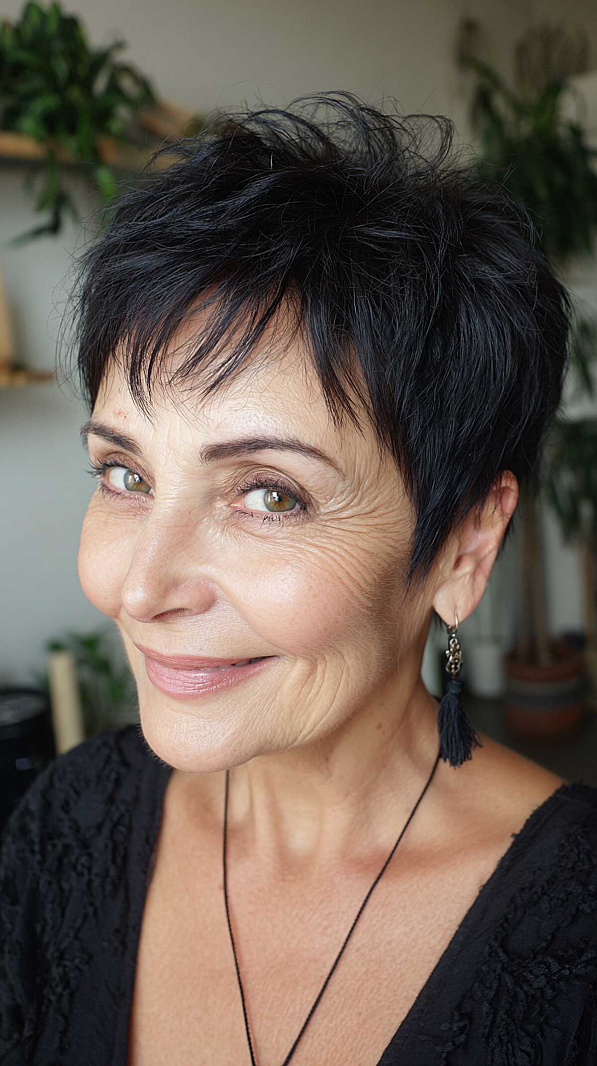 Jet black textured pixie with choppy layered top