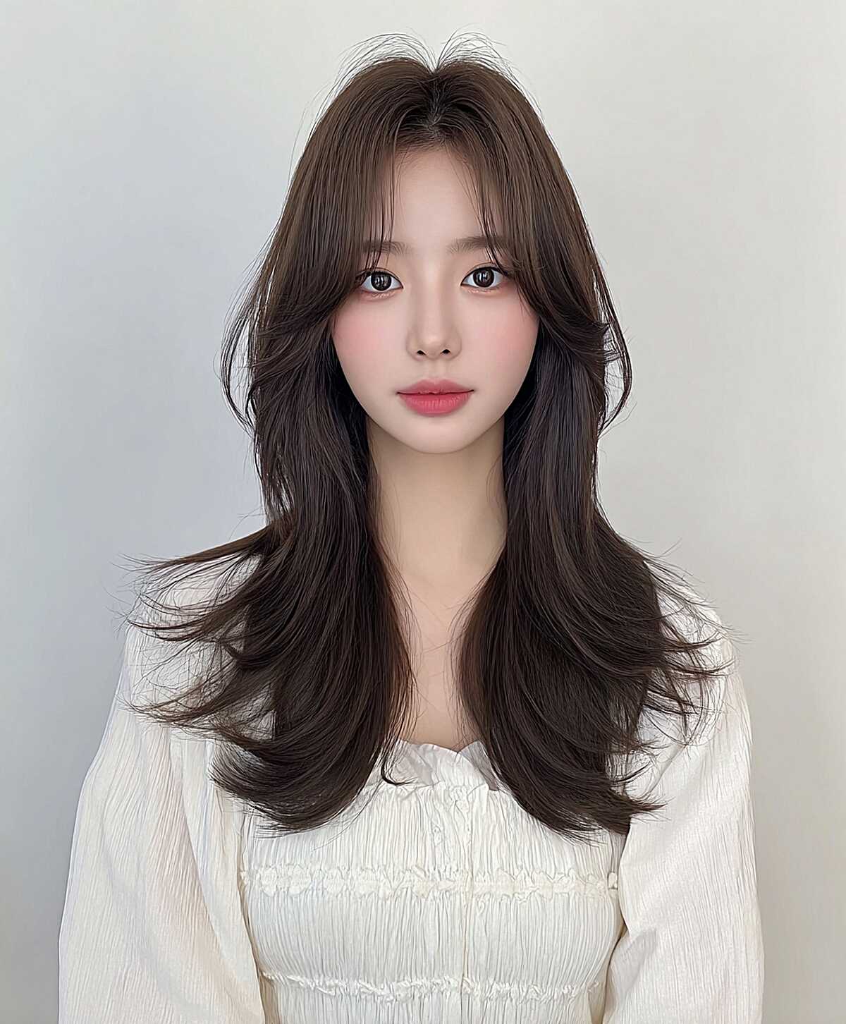 Dark brown Korean-style long layers with curtain bangs