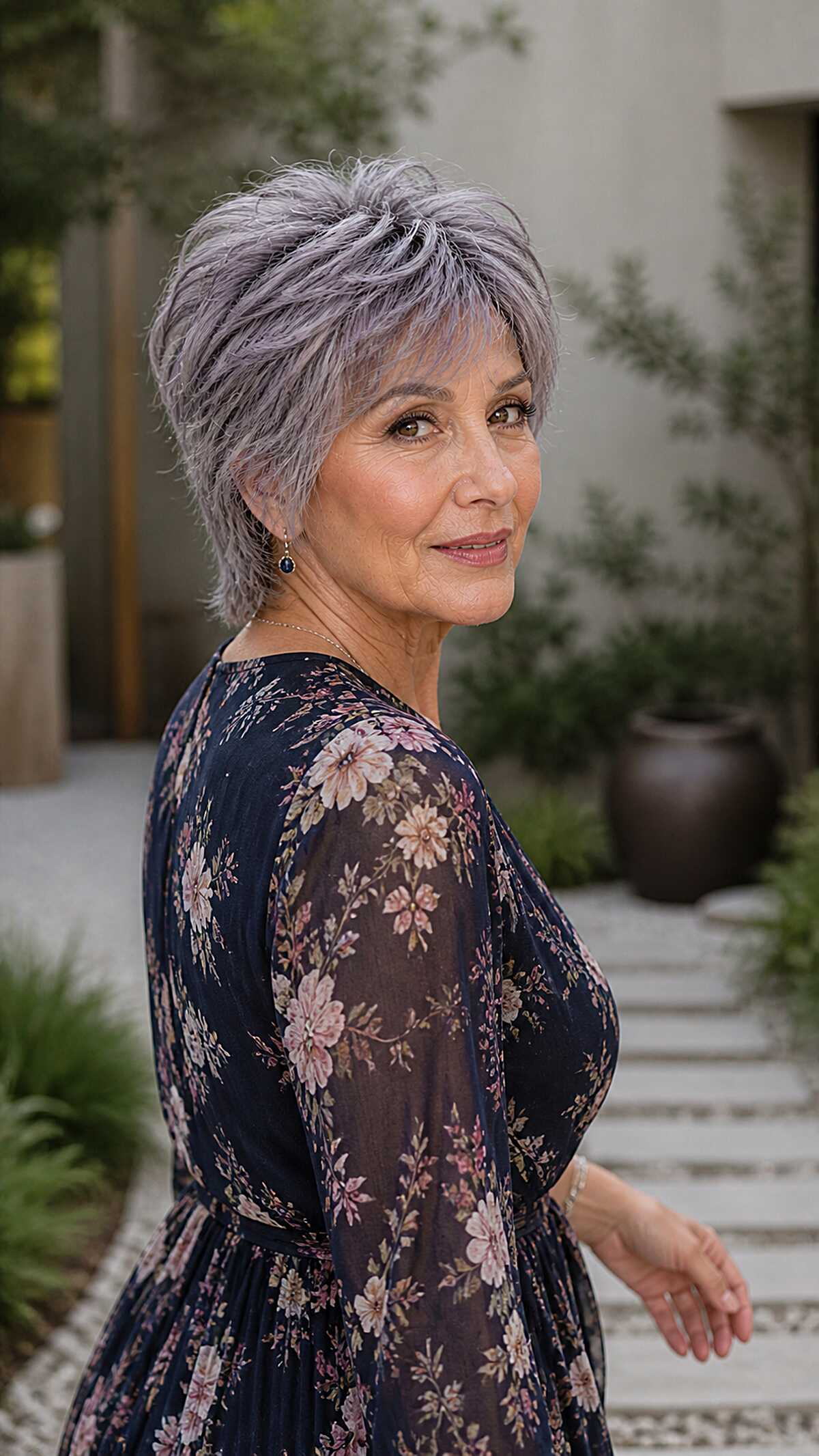 Lavender-gray feathered pixie shag on mature woman