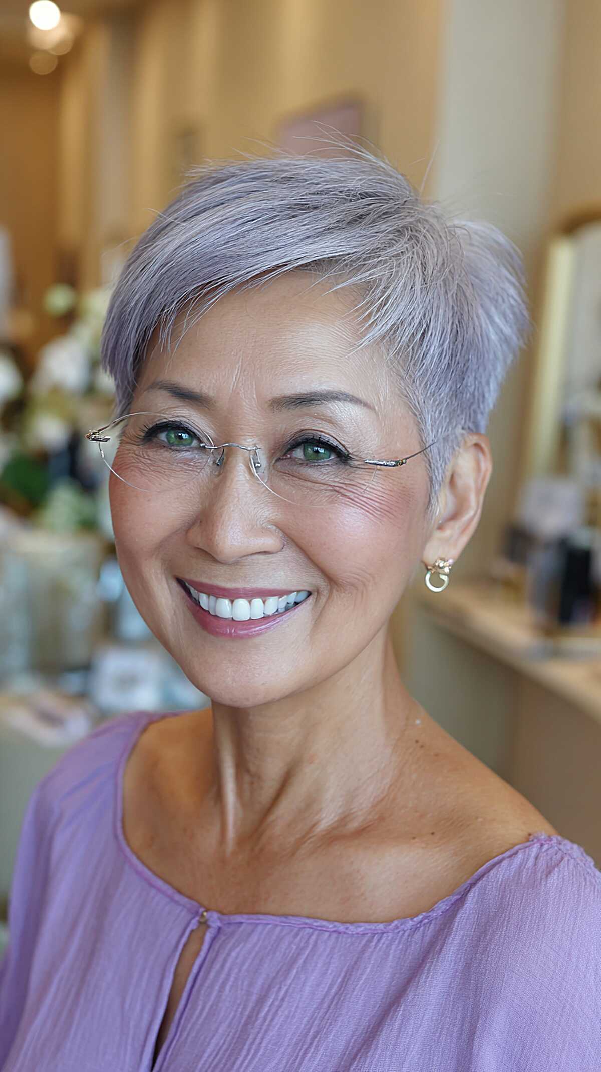 Lavender-Gray Pixie with Rimless Glasses