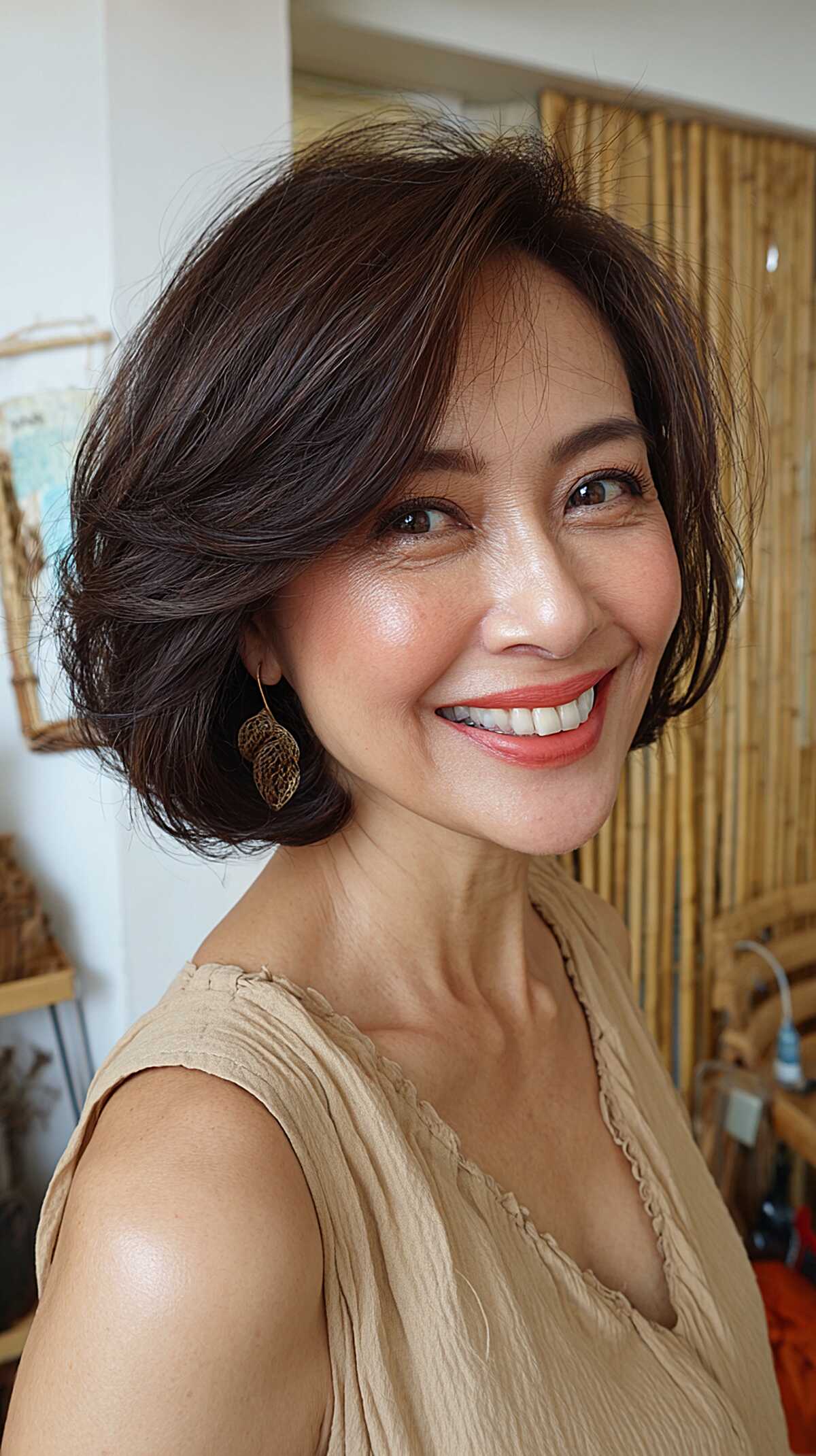 Dark chocolate layered bob with side-swept volume
