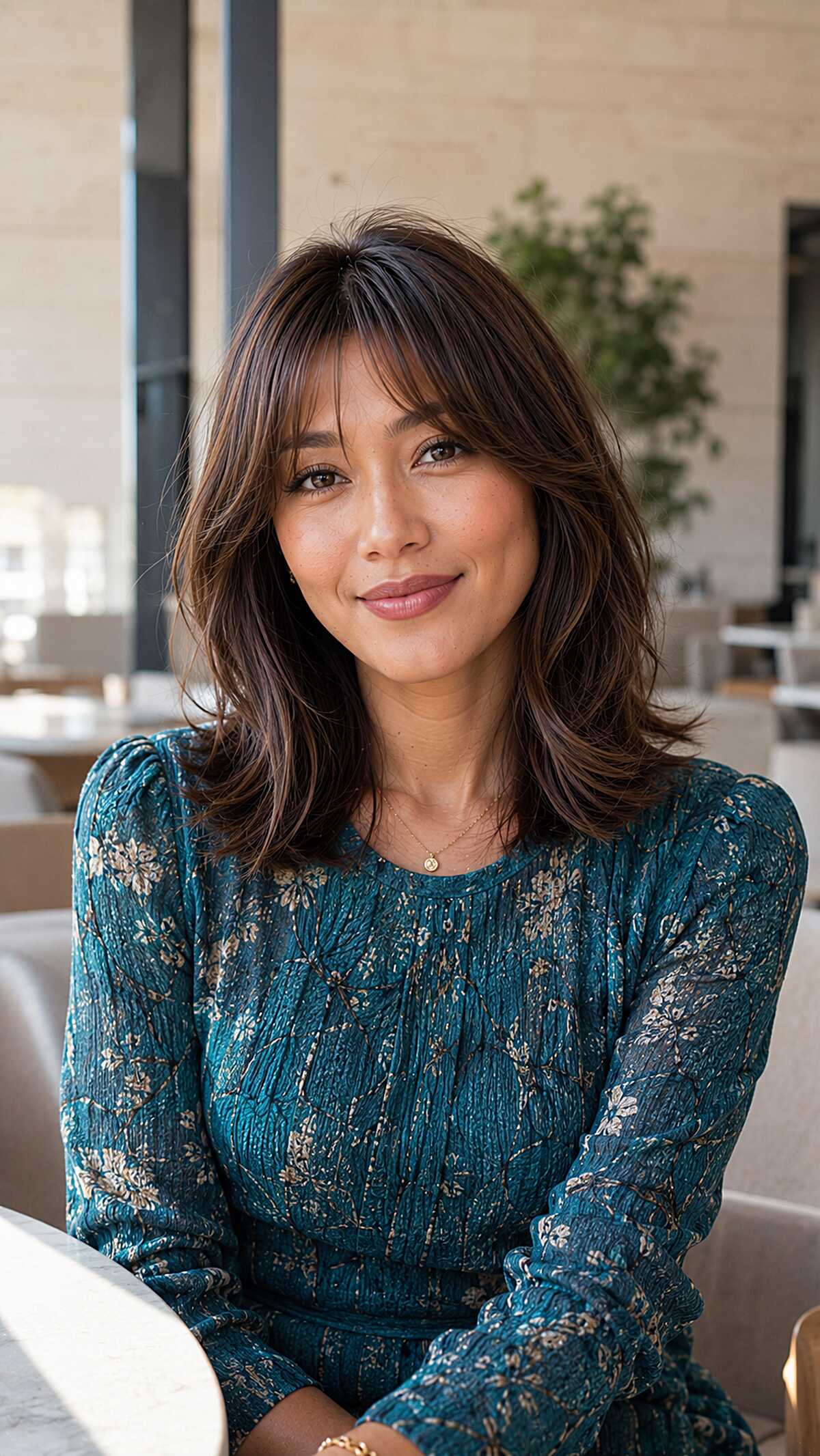Medium layered brunette with wispy bangs and highlights