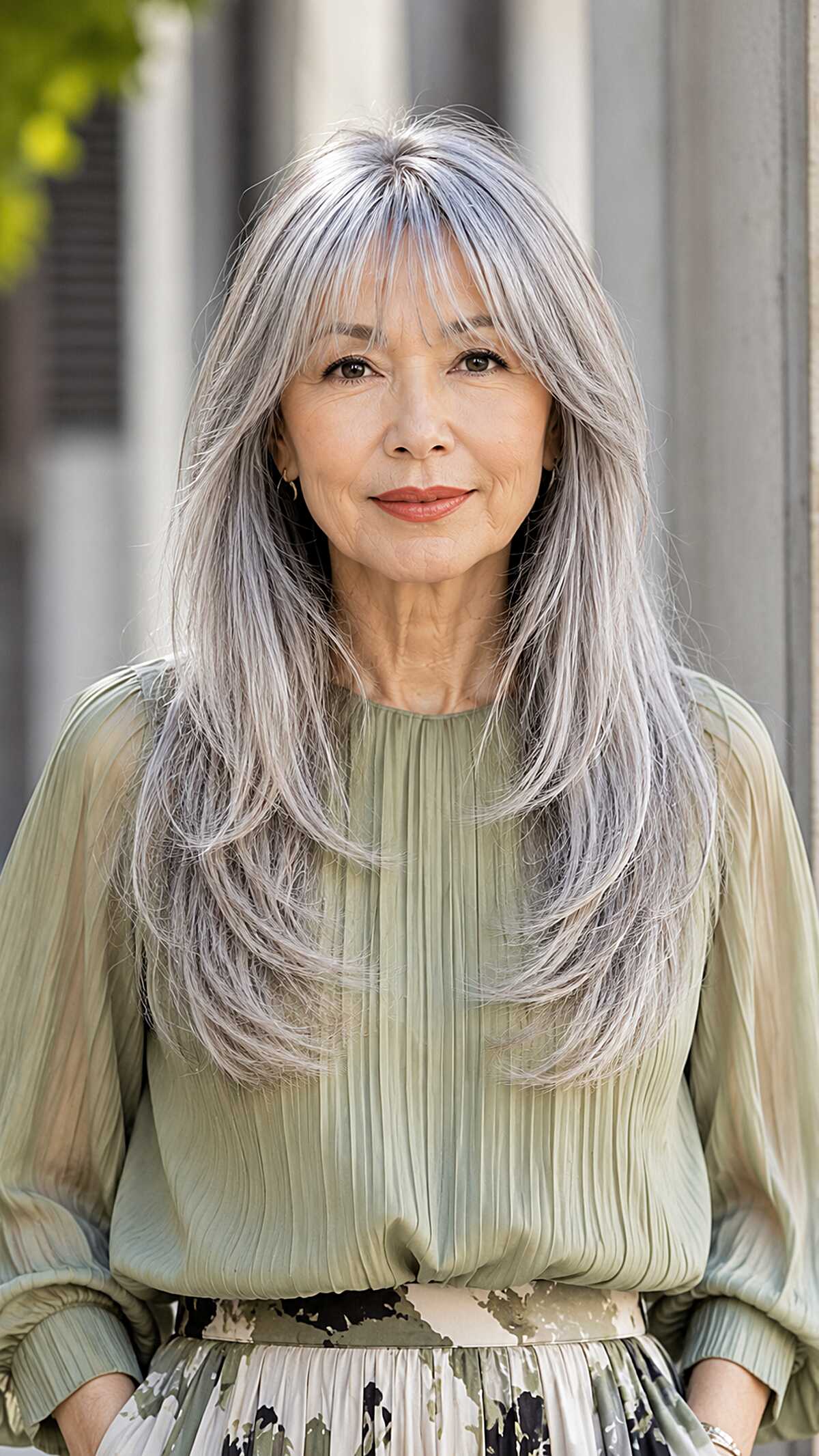 Long layered pewter gray hair with feathered curtain bangs