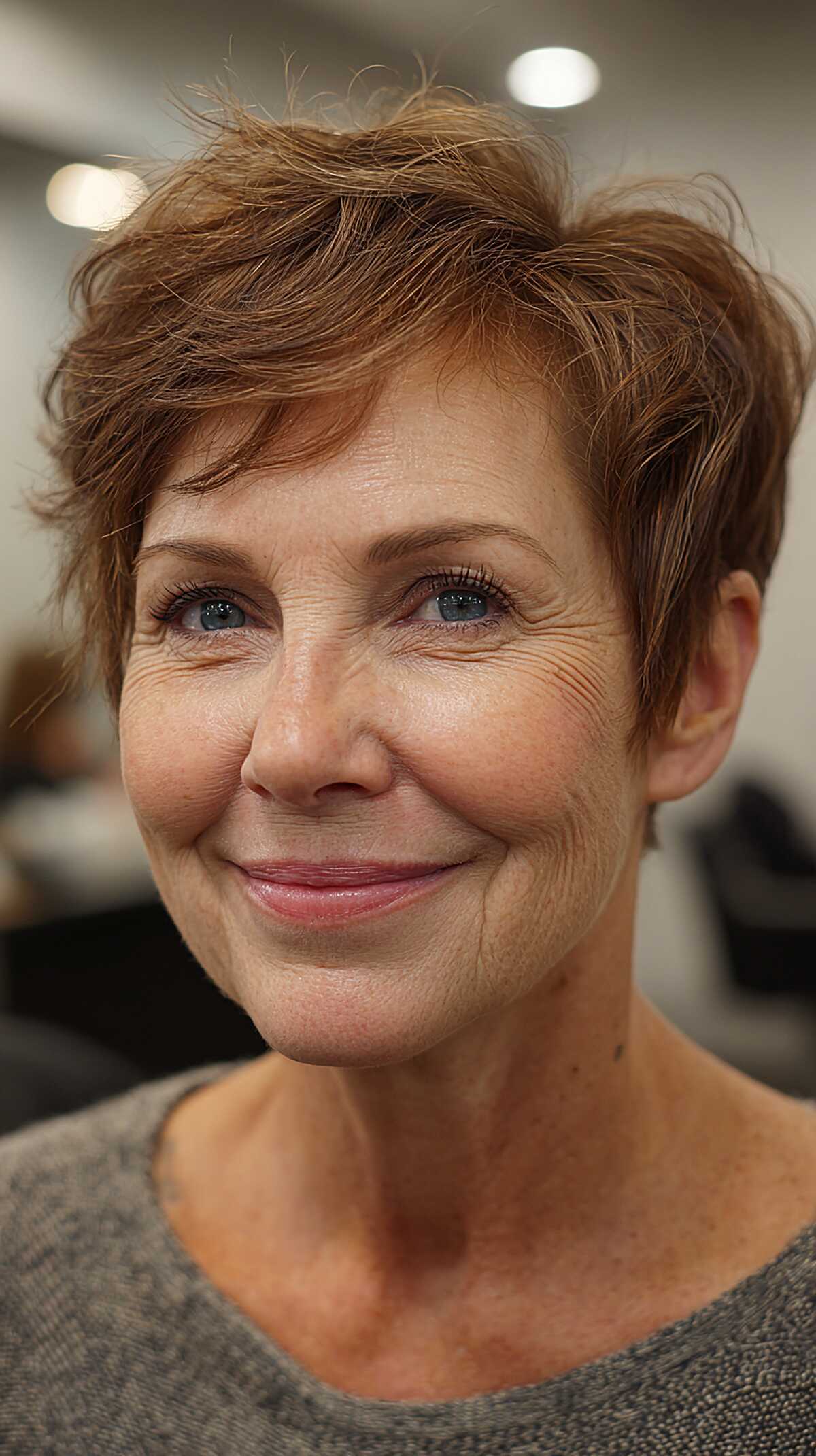 Light auburn tousled pixie with soft wispy fringe