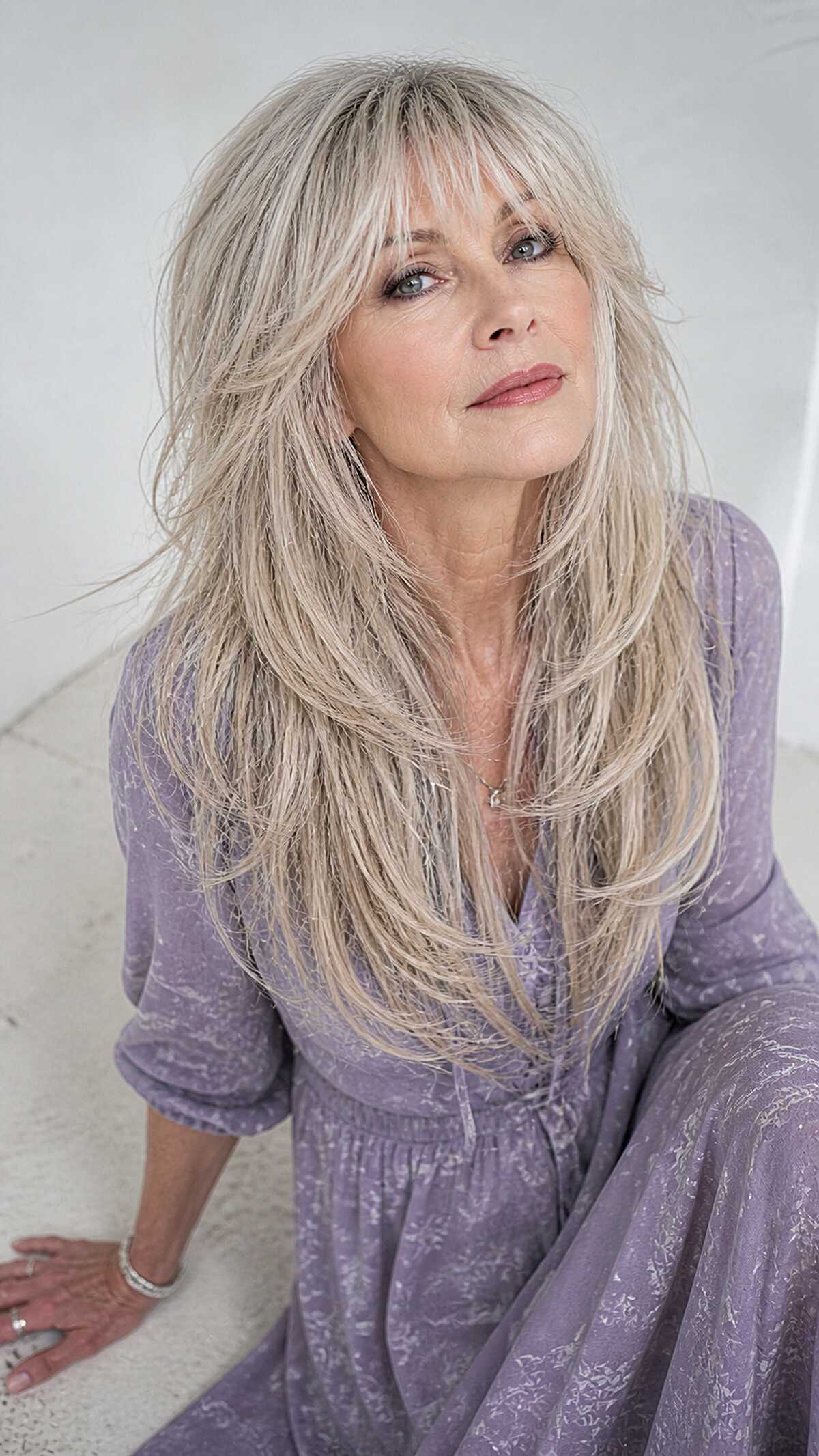 Long Ash Blonde Shag with Textured Bangs and Layers